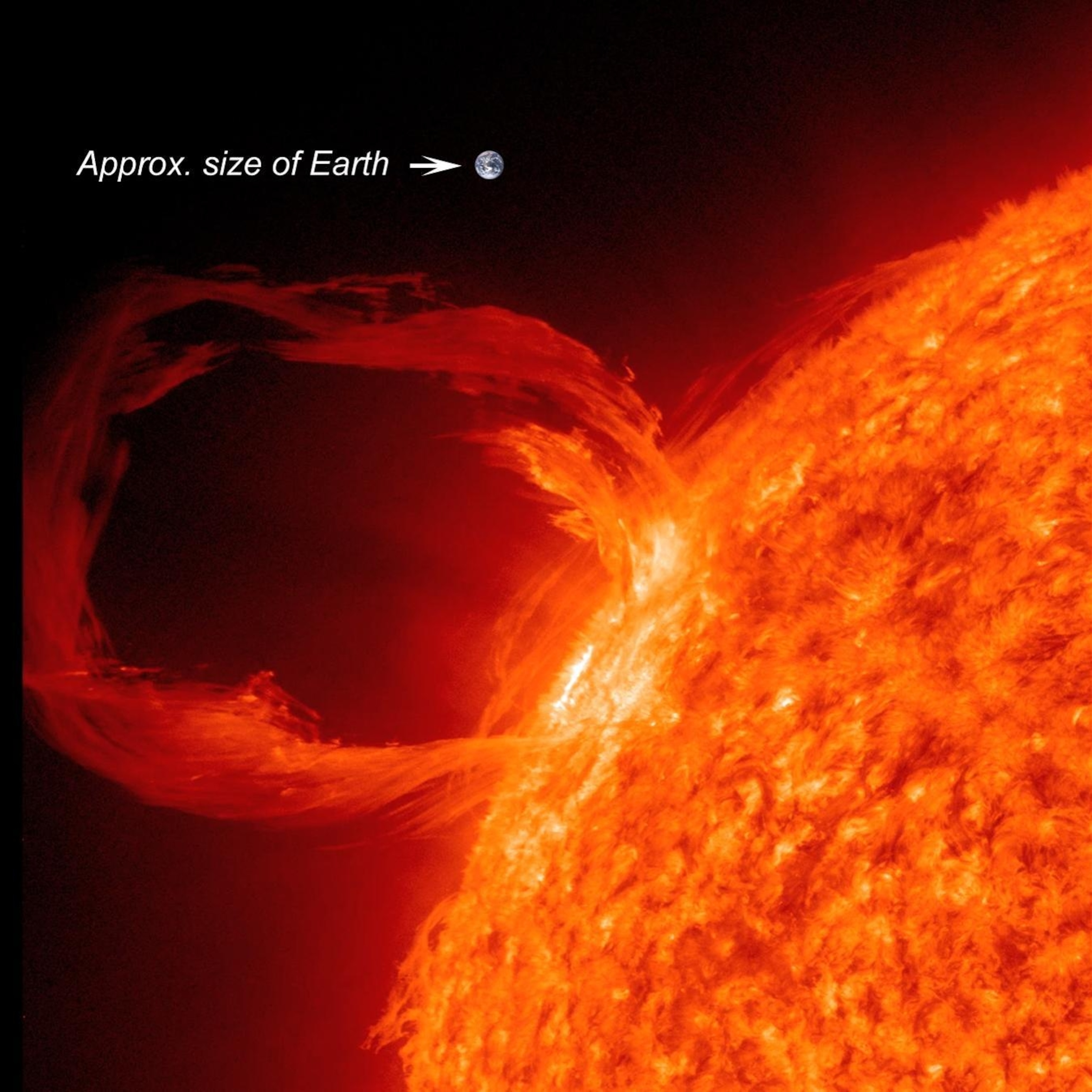 A solar eruptive prominence as seen in extreme UV light on March 30, 2010 with Earth superimposed for a sense of scale. (NASA/SDO)