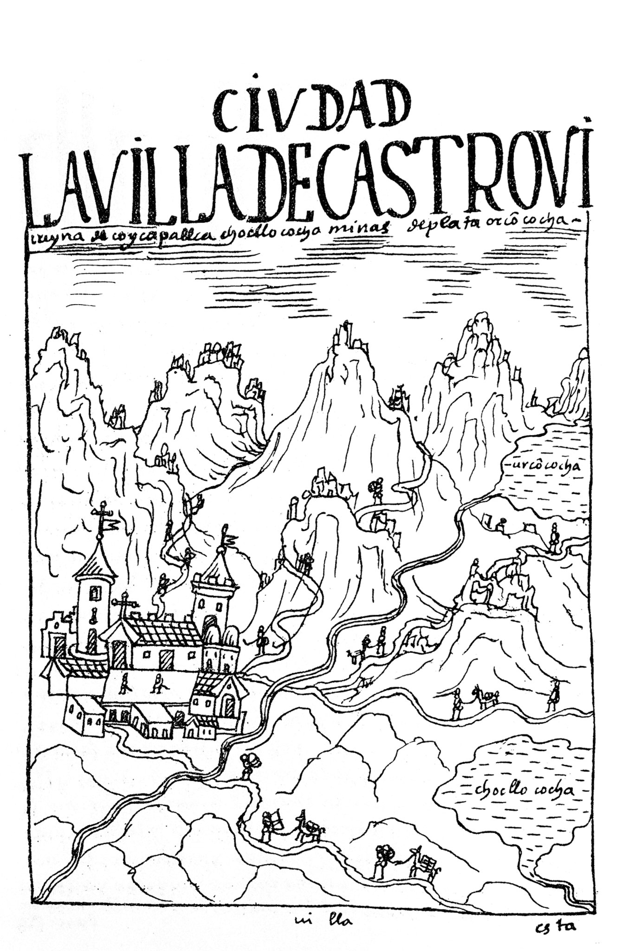 An illustration of the Peruvian mining town Castrovirreyna, with mountains, a castle, and people mining