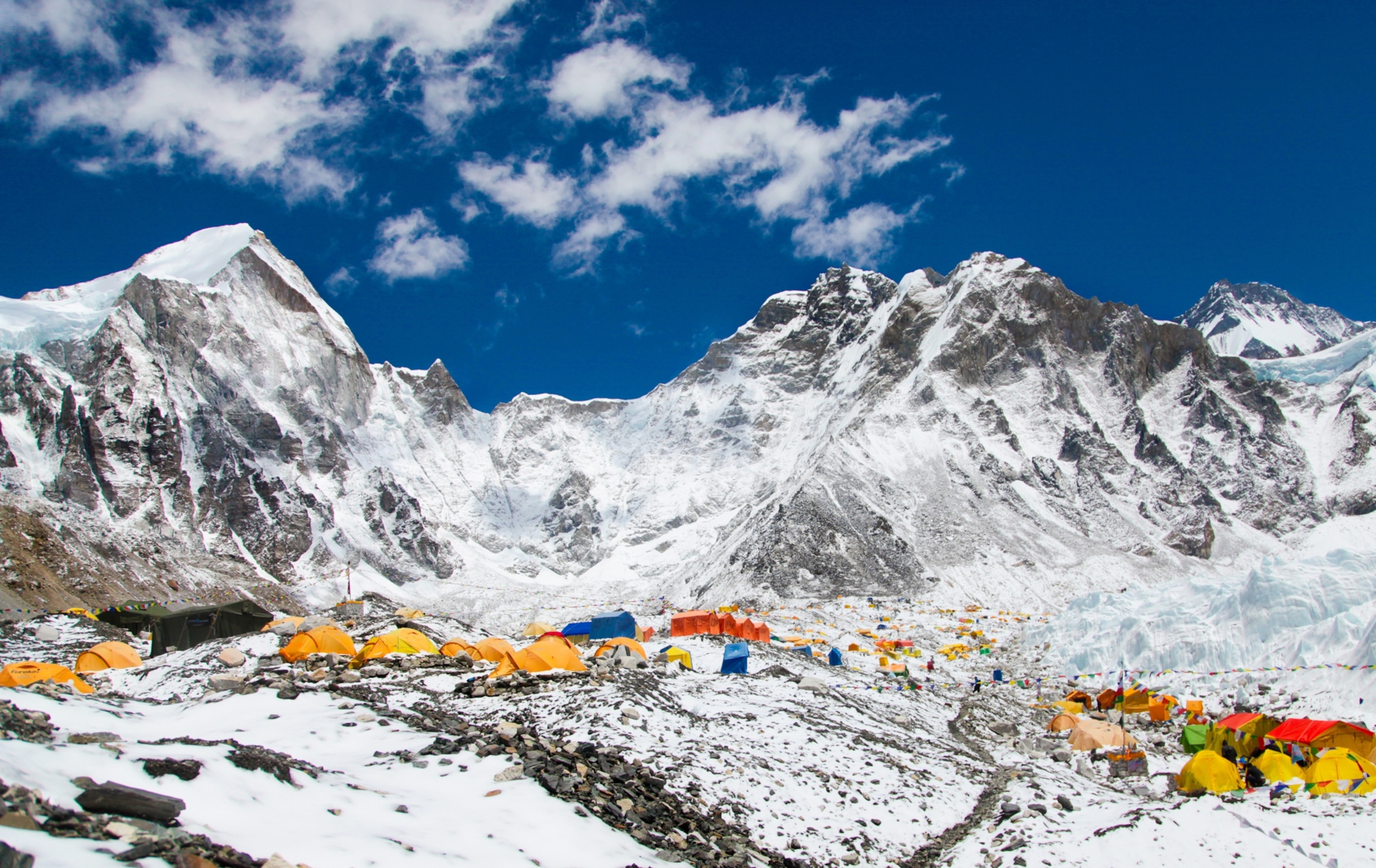 Bright yellow tents in Mount Everest base camp.