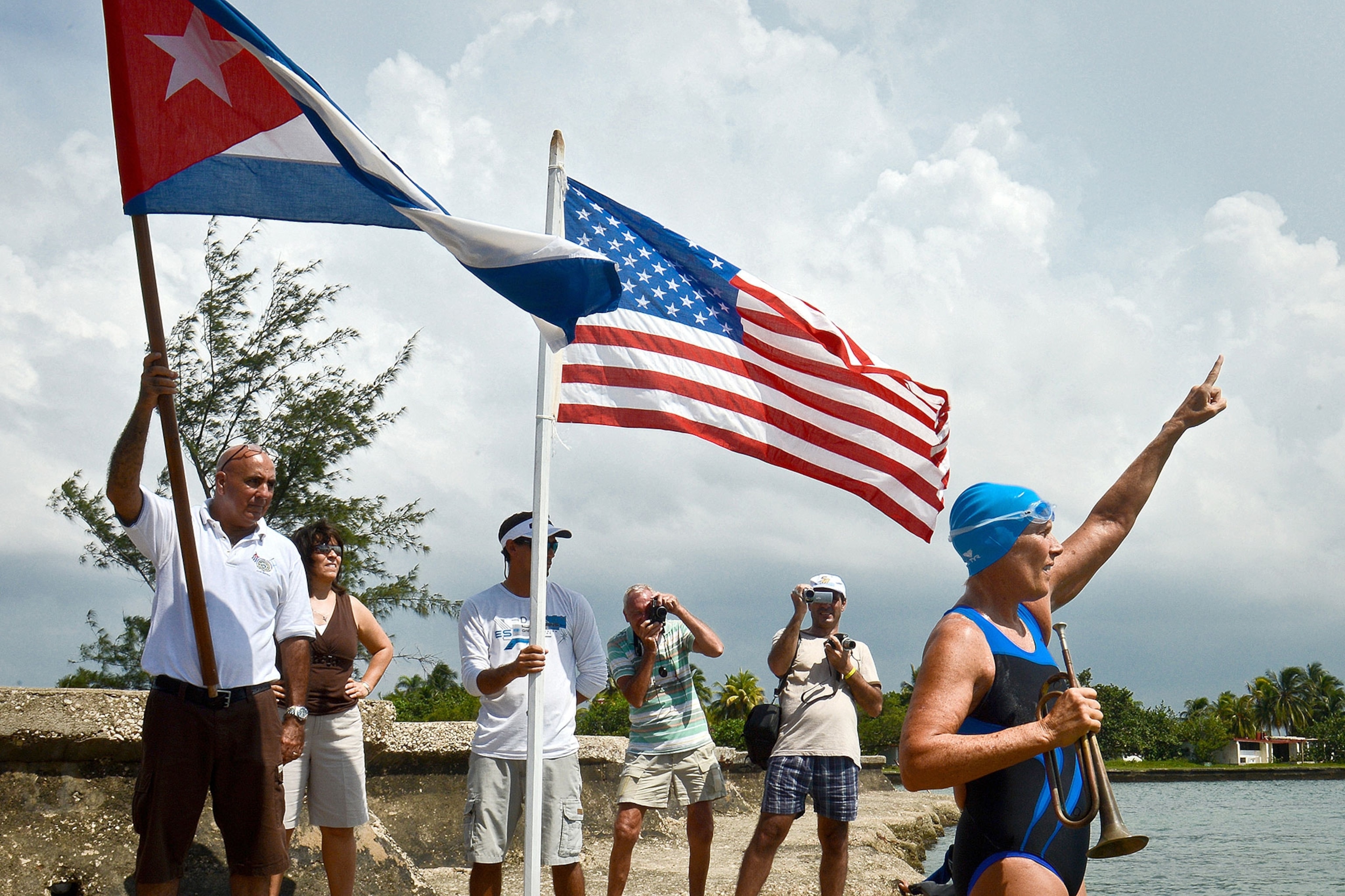 swimmer Diana Nyad by Cuban and American flags