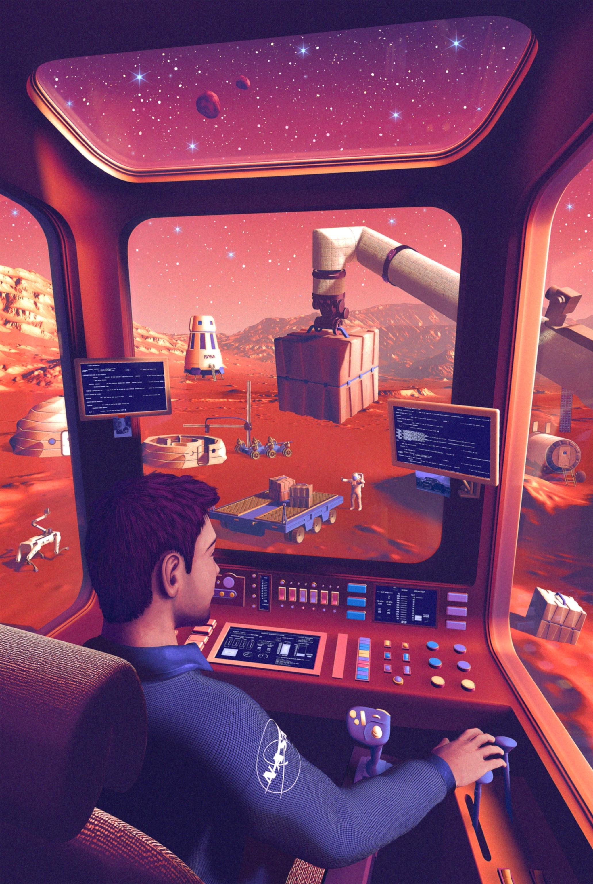 An astronaut operates a control panel inside a Mars habitat, observing a robotic arm moving cargo on the red planet's surface. A spaceship and stars are visible outside.