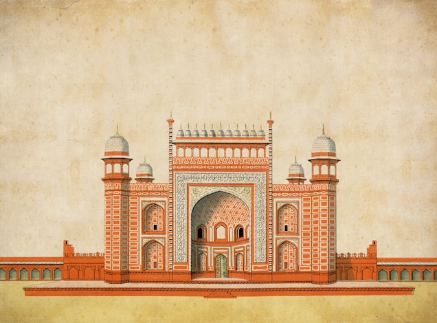 A 19th-century lithograph shows the north face of the Taj Mahal’s Great Gateway. Flanked by two-story arches, the entrance is set into a recessed arch known as an iwan.