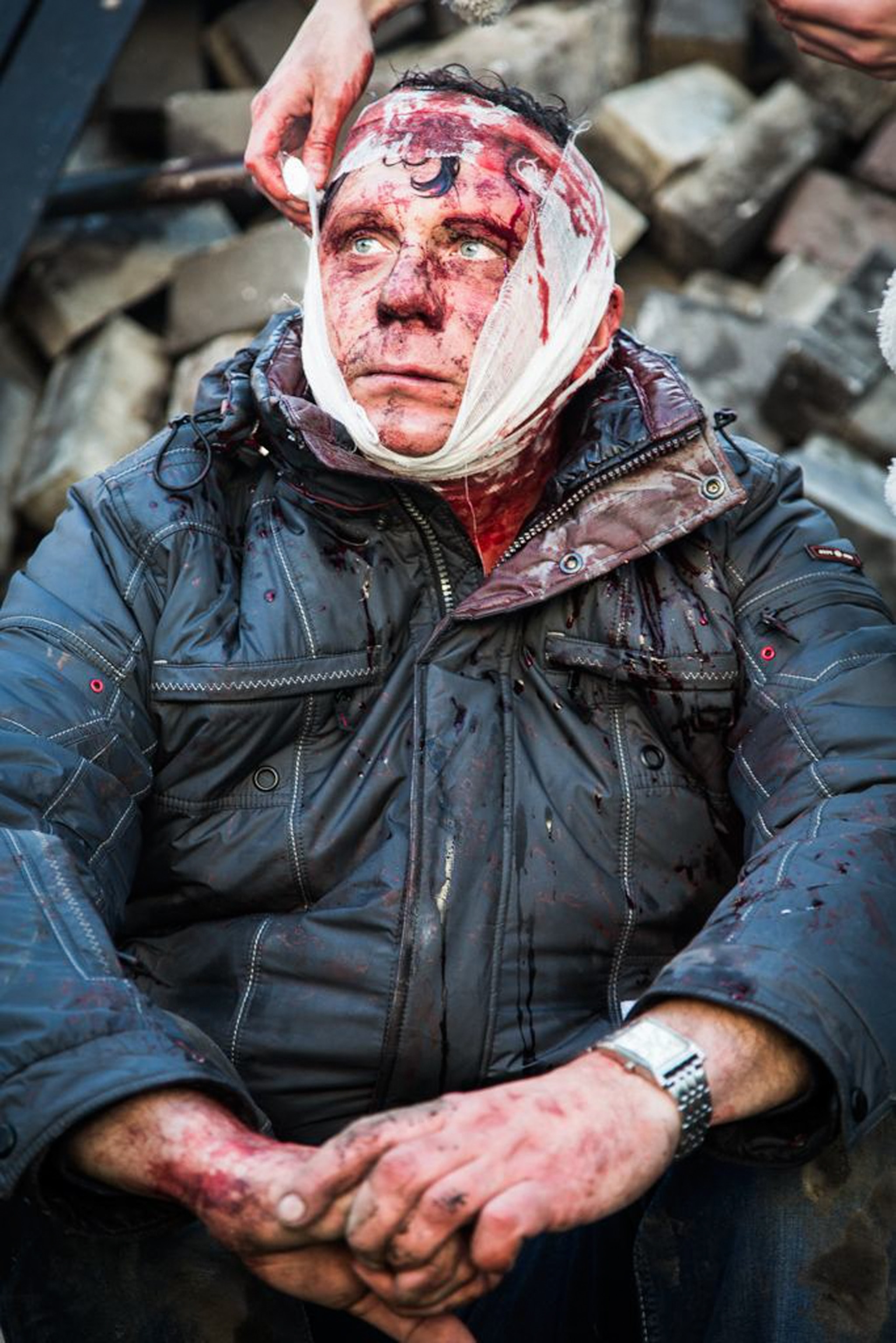 Anti-government protesters clash with riot police.