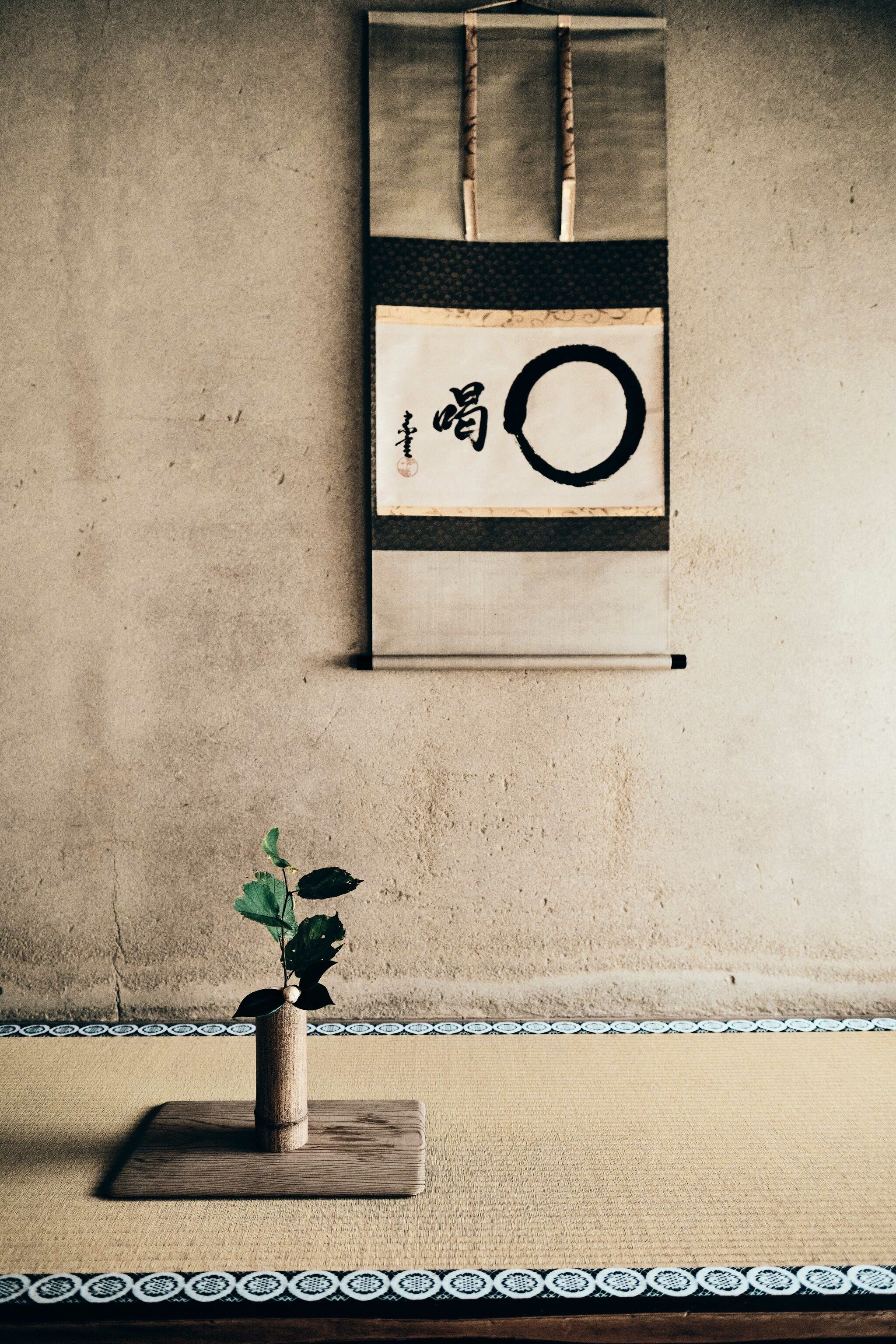 A small plant and a poster with Japanese writing on.