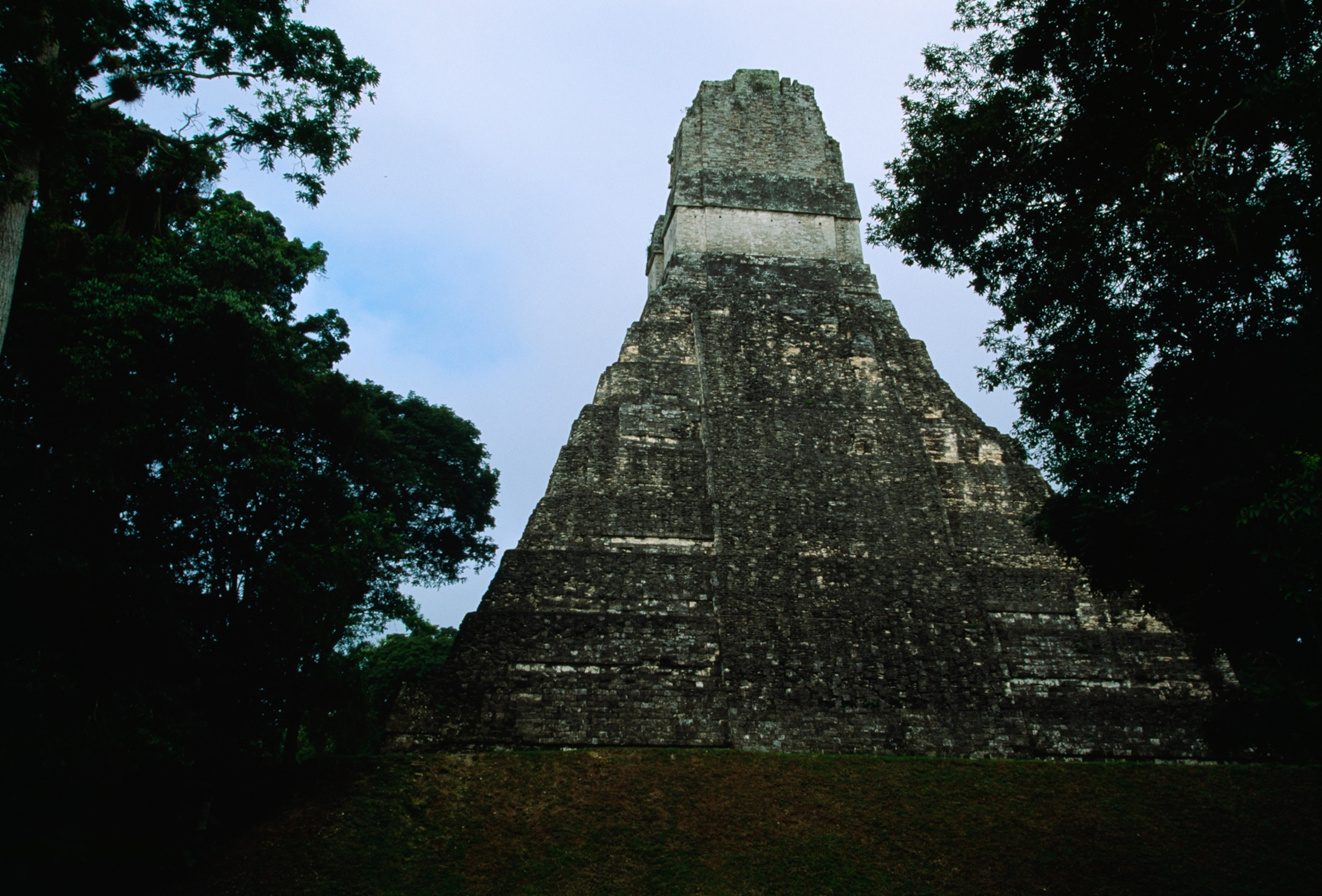 Ancient stone pyramid rises amidst lush green jungle; its weathered, steep steps lead to a flat top under a clear blue sky.