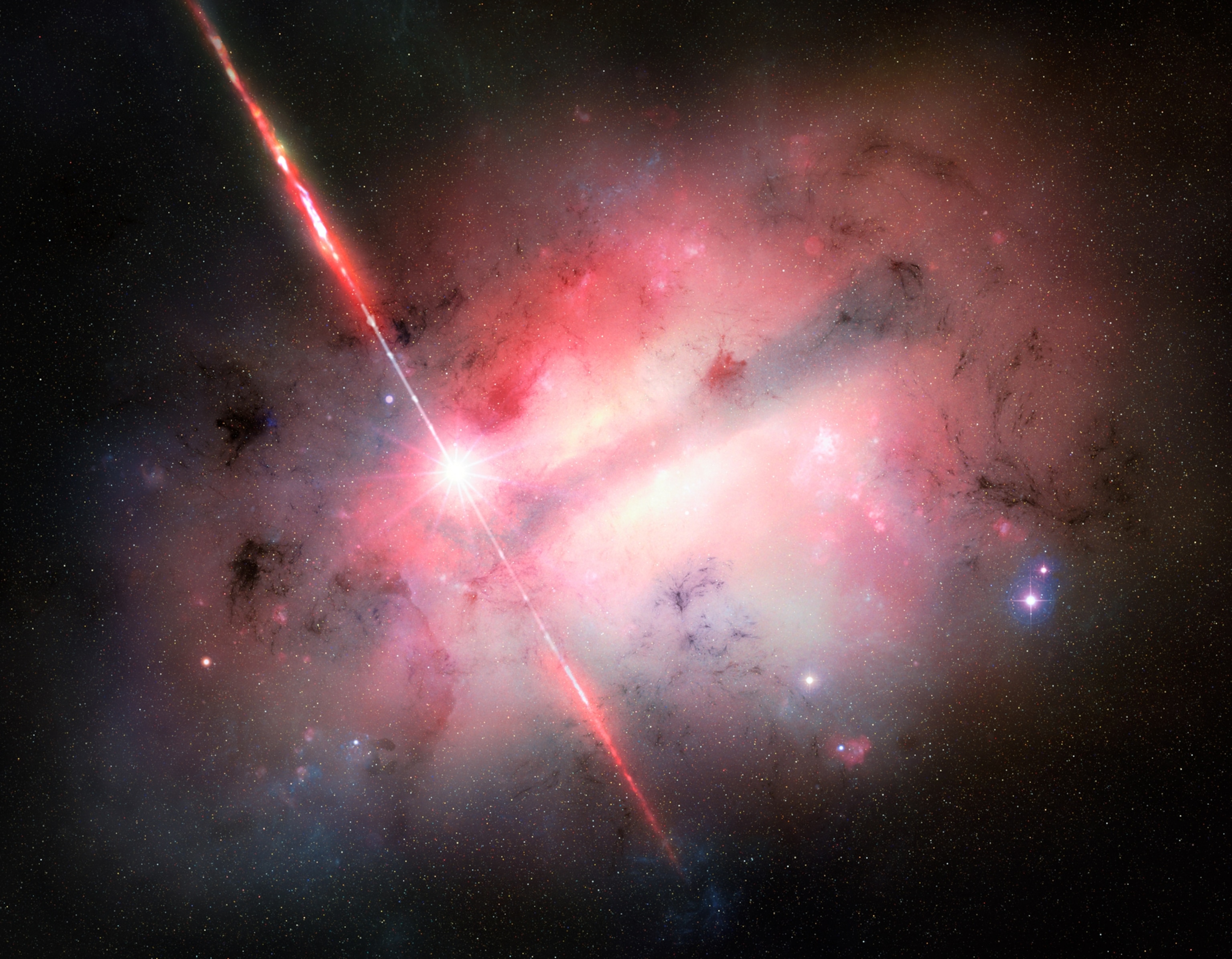 A bright, mottled cloud dominates this artistic view of a large, dusty galaxy seen nearly edge on. Layers of white, yellow, and red extend from the darker central plane, silhouetting the smoky tendrils of dust clouds in the foreground. One brilliant star dominates the scene just left of center. Long white and red rays — the burst’s particle jets — extend from the star to the top left and toward bottom center. At the fringes of the galaxy is a dark background sprinkled with faint stars.