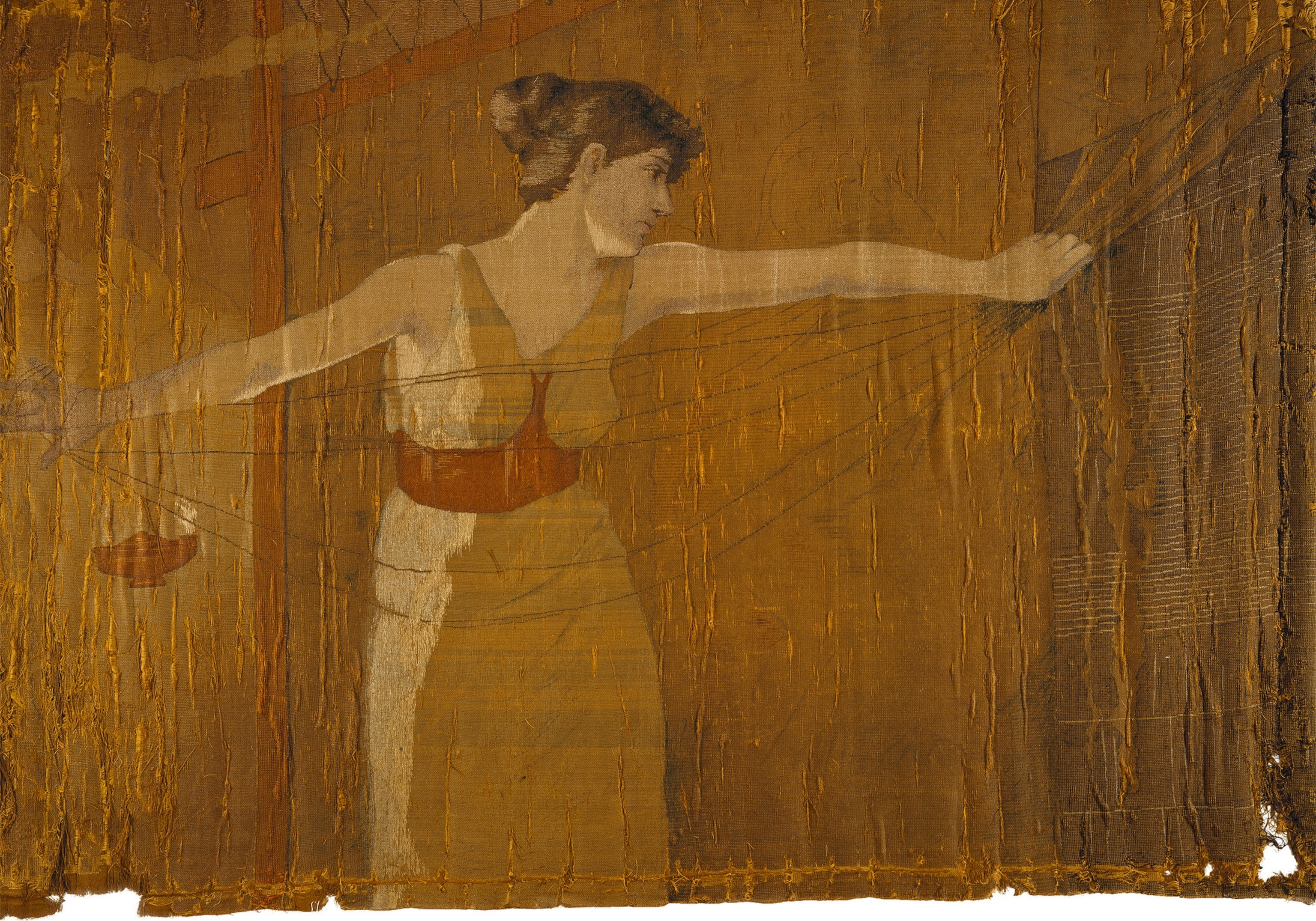 A tapestry shows Penelope unweaving her work at night.