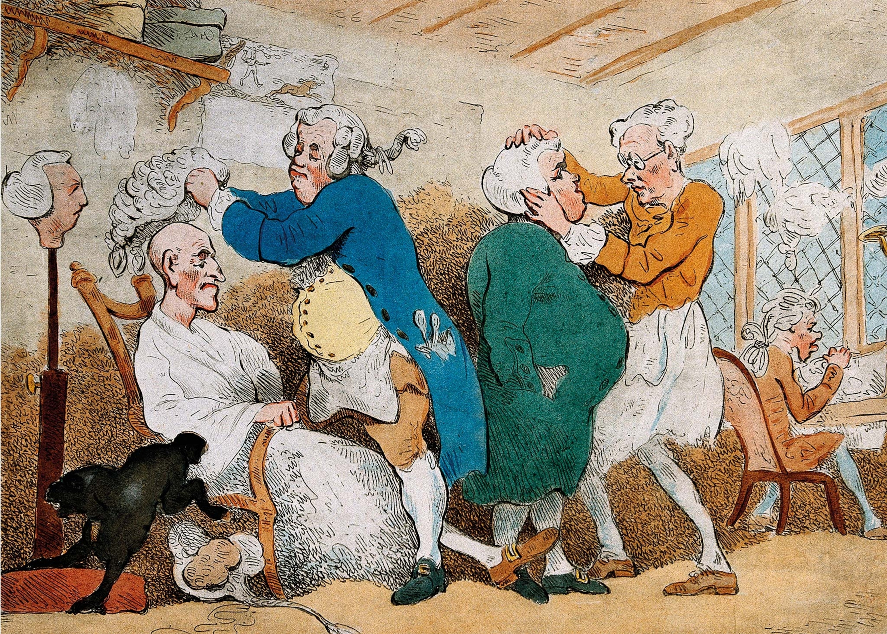Customers try on wigs at a barbershop in an 18th-century engraving by Thomas Rowlandson.