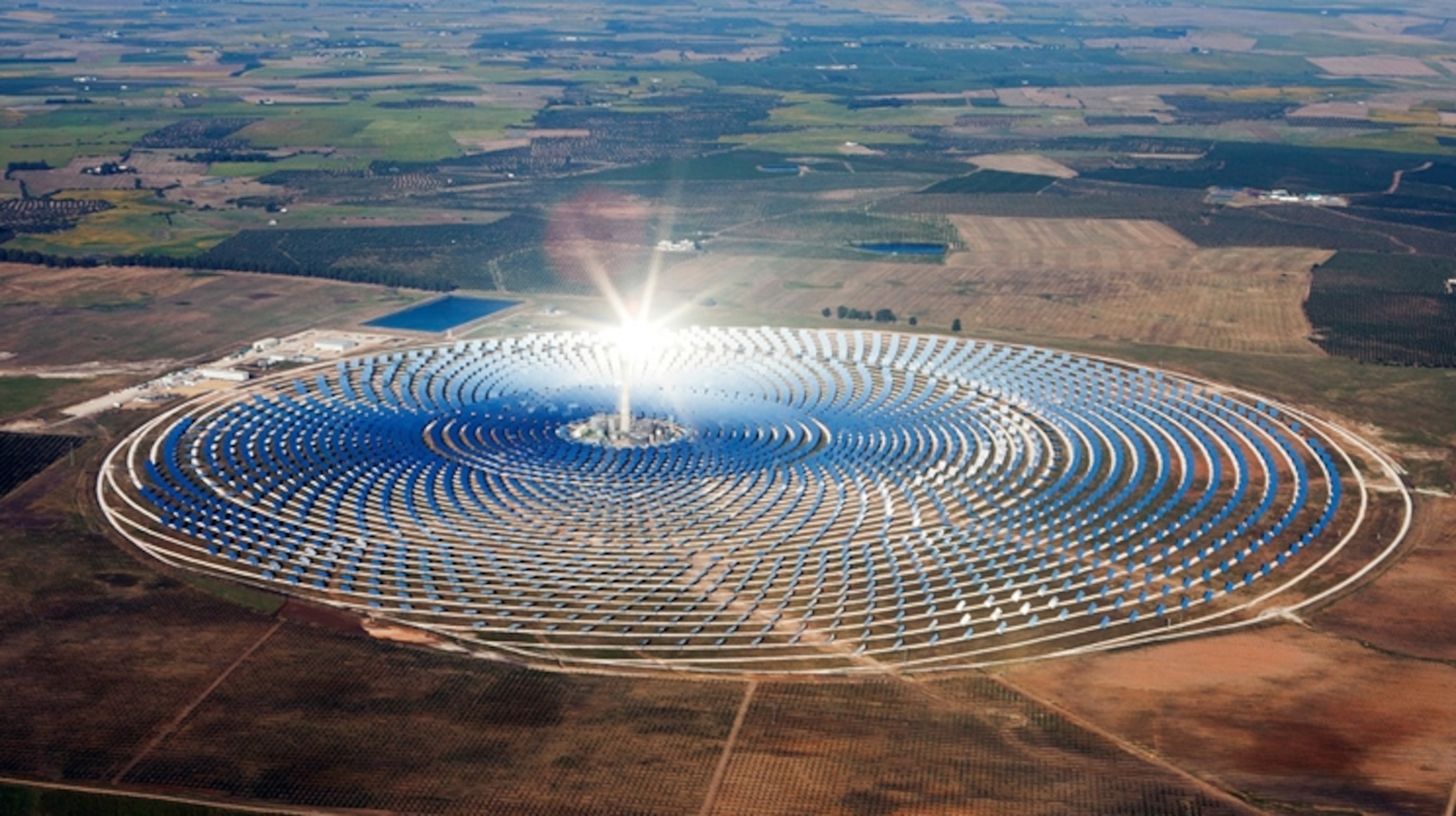 Aerial view of the PS10 solar tower plant outside Seville, Spain