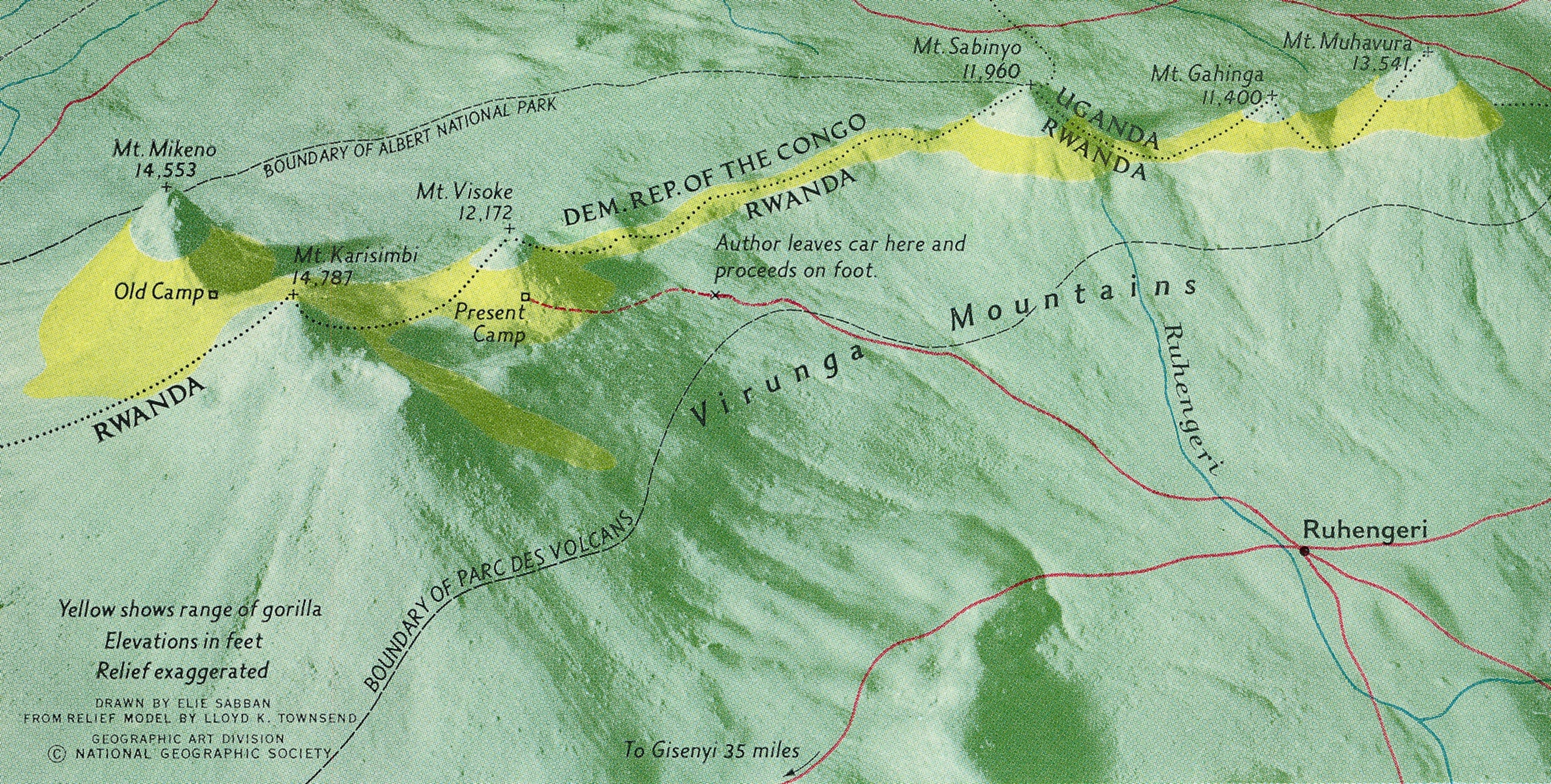 A map of the Virunga Mountain Range, Africa.
