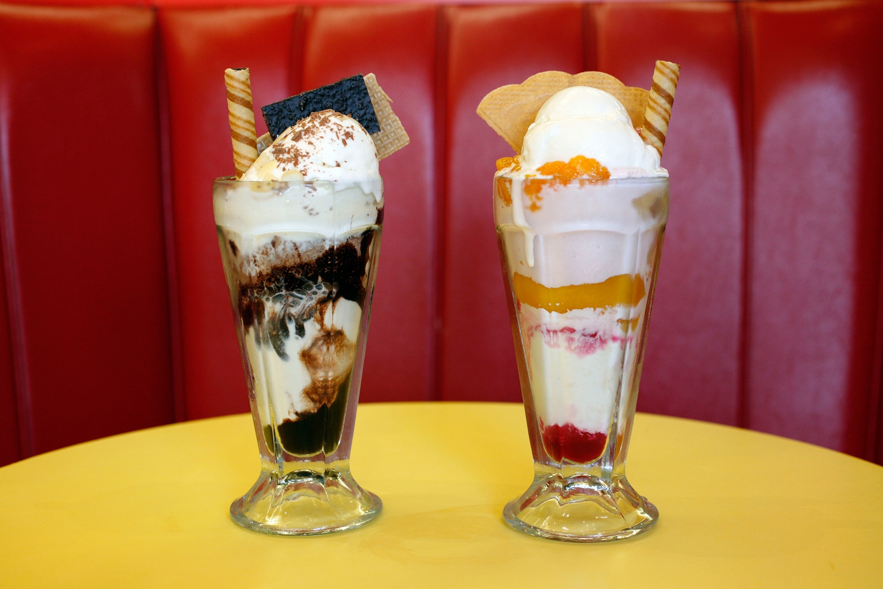 two ice cream sundaes known as "knickerbocker glory"