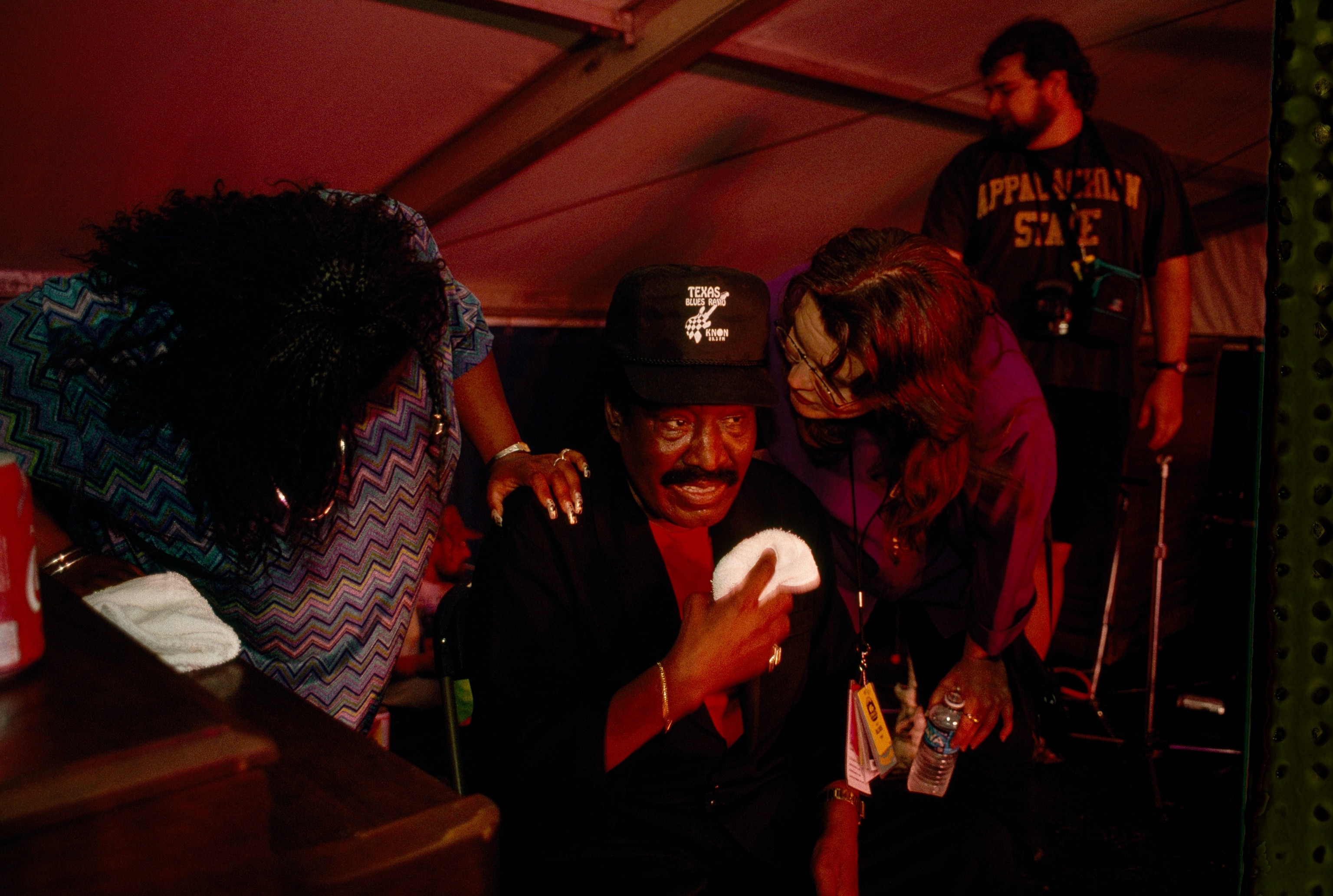 The strain of life on the road bears down on Texas Johnny Clyde Copeland, backstage at the Memphis in May Festival in 1997. Four months earlier he had undergone a heart transplant but insisted on continuing to tour. He died that July after a follow-up operation.