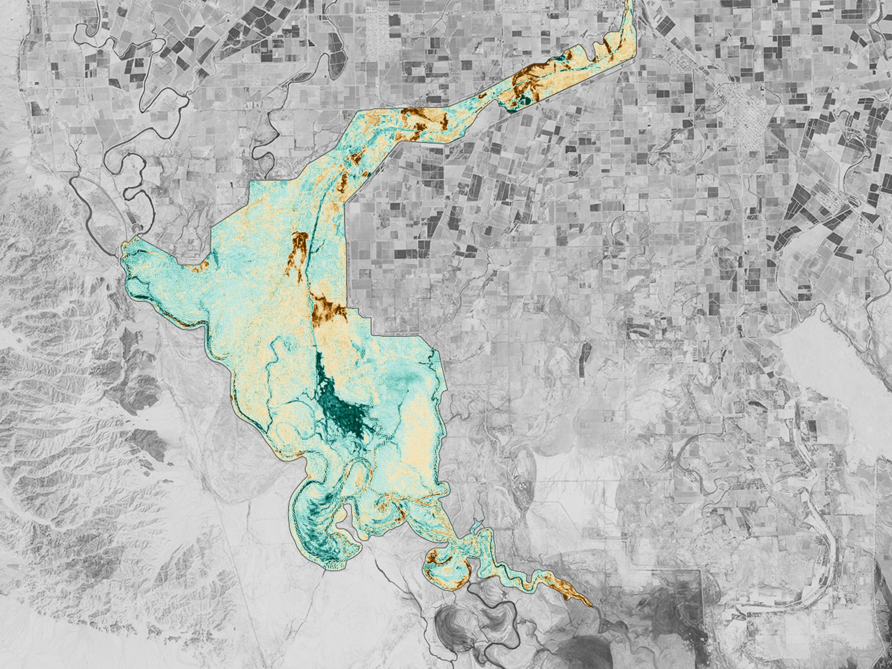 An aerial photo of an increase in vegetation along the Colorado River Delta.