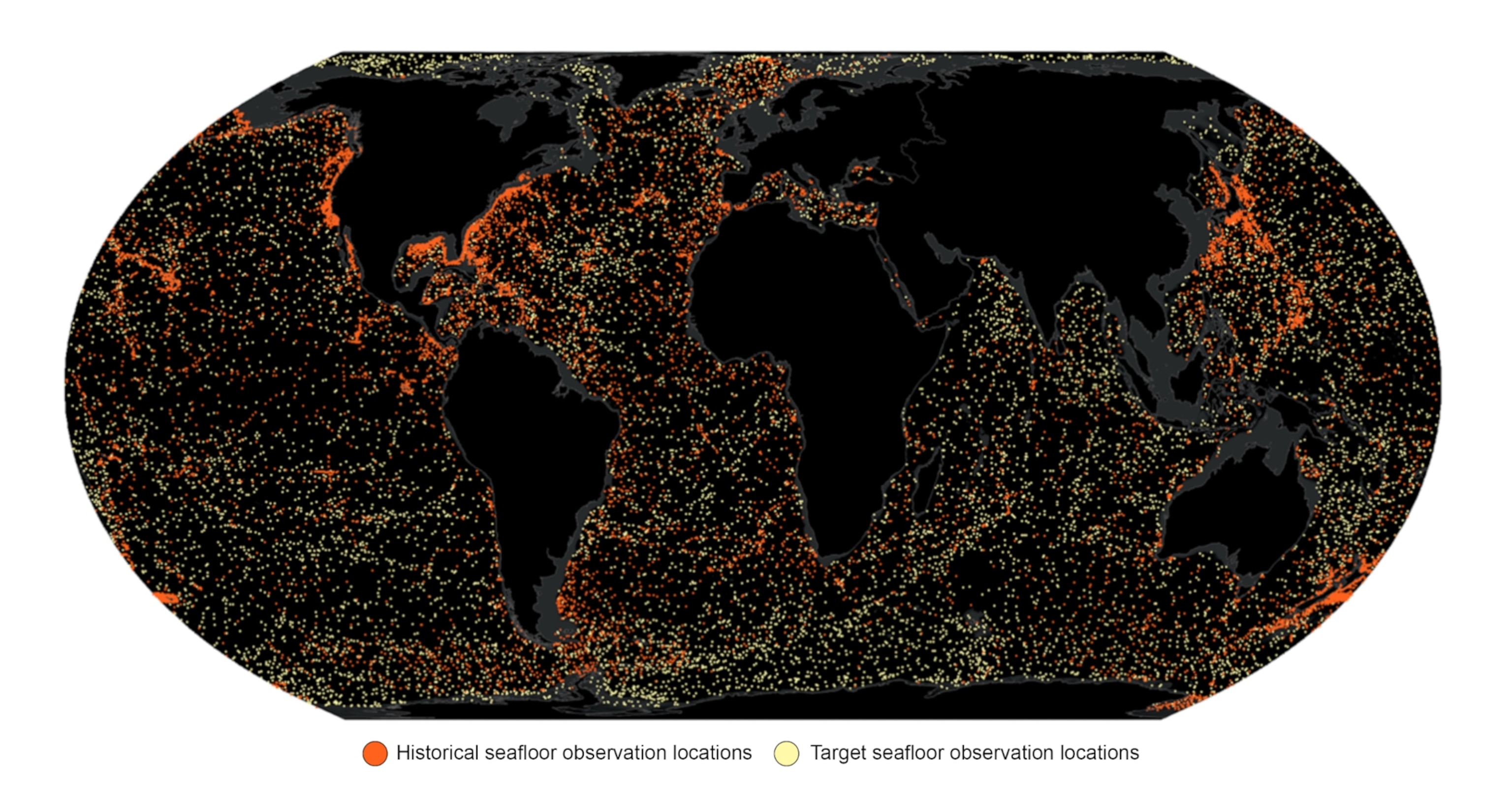 World map showing historical and target seafloor observation locations. Orange dots represent historical data and yellow dots mark target areas, densely clustered across oceans