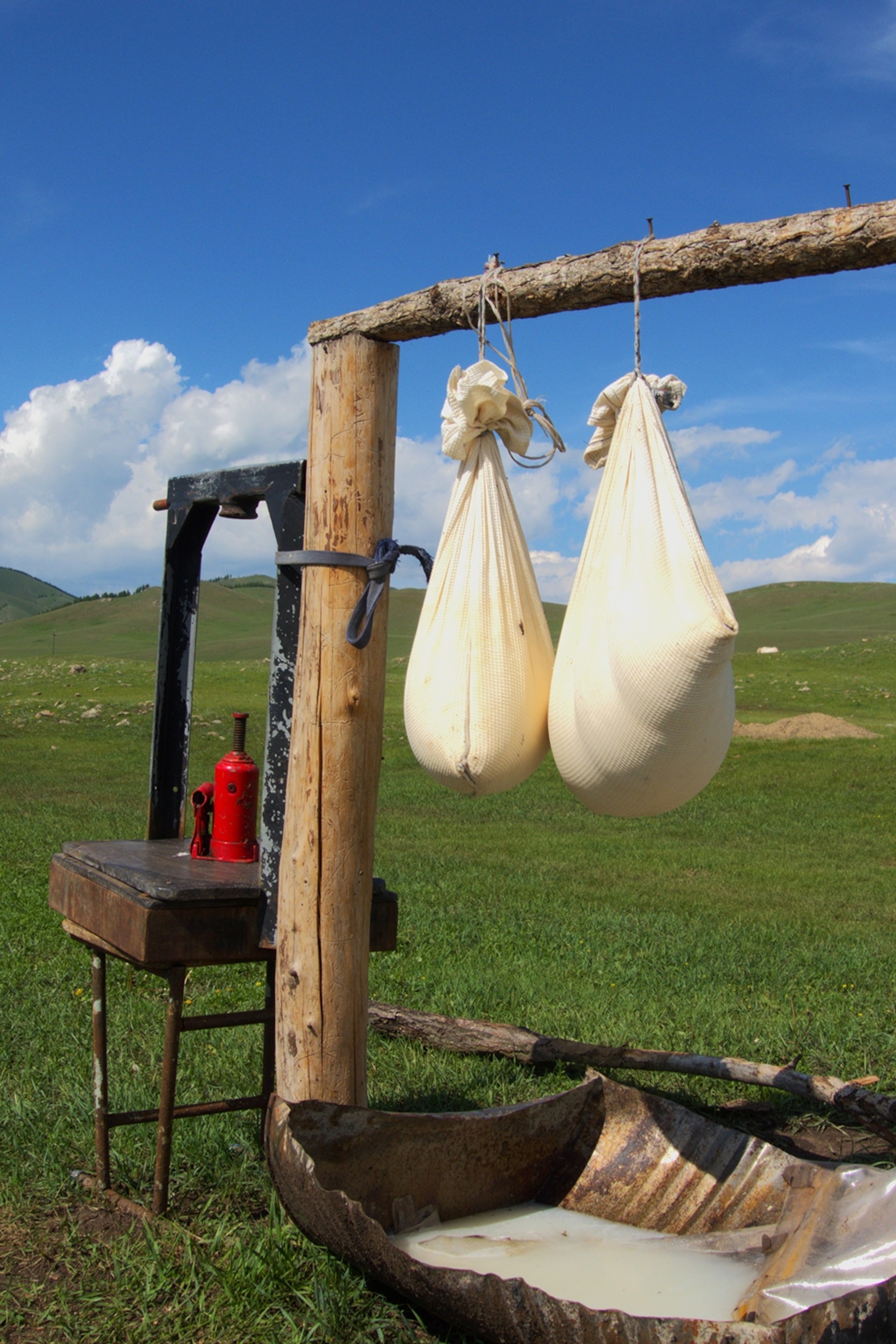 A simple construction of wooden bars to hang bags of milk curds on a grassy steppe.
