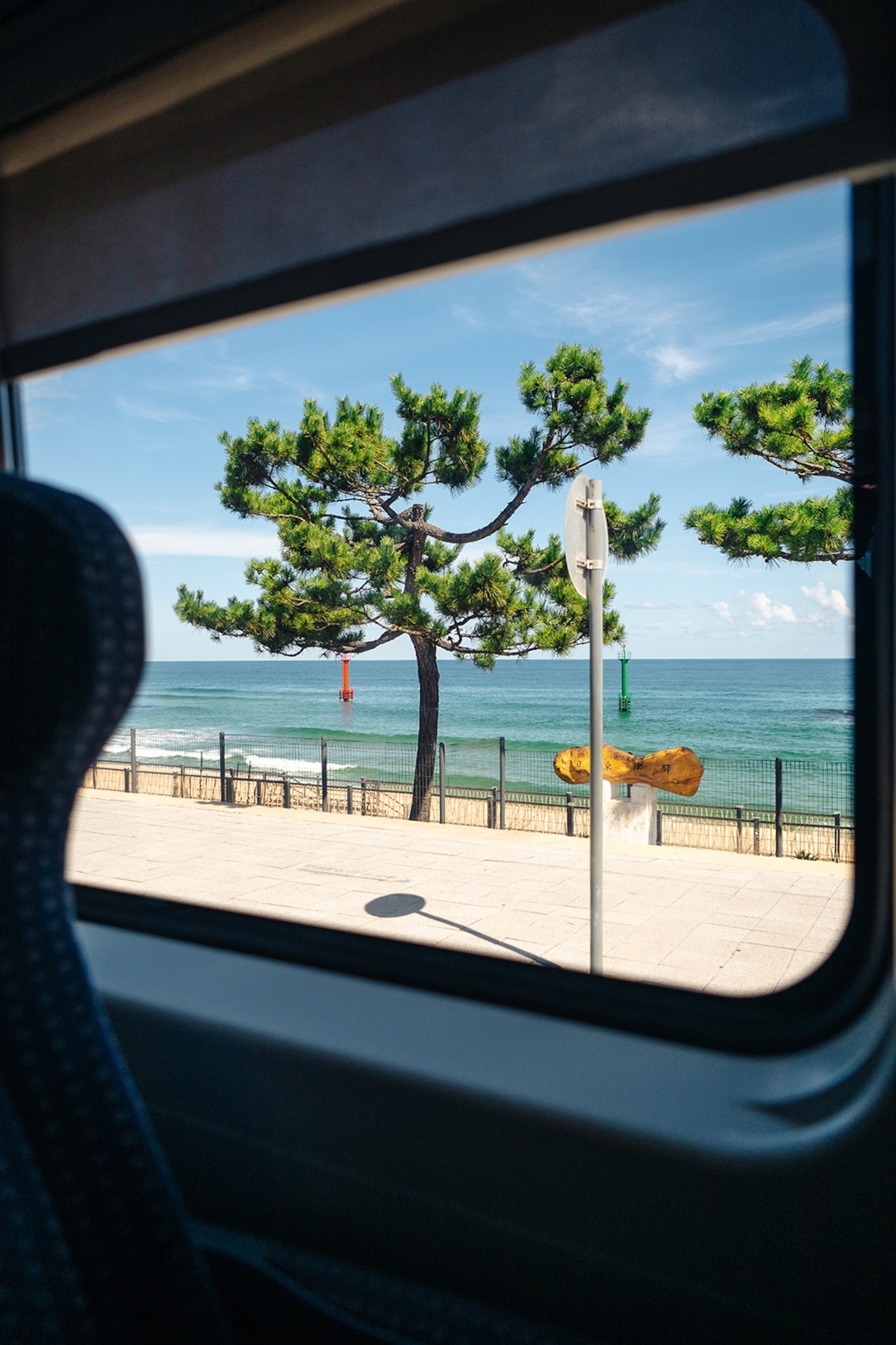 View from train window of trees and the sea.