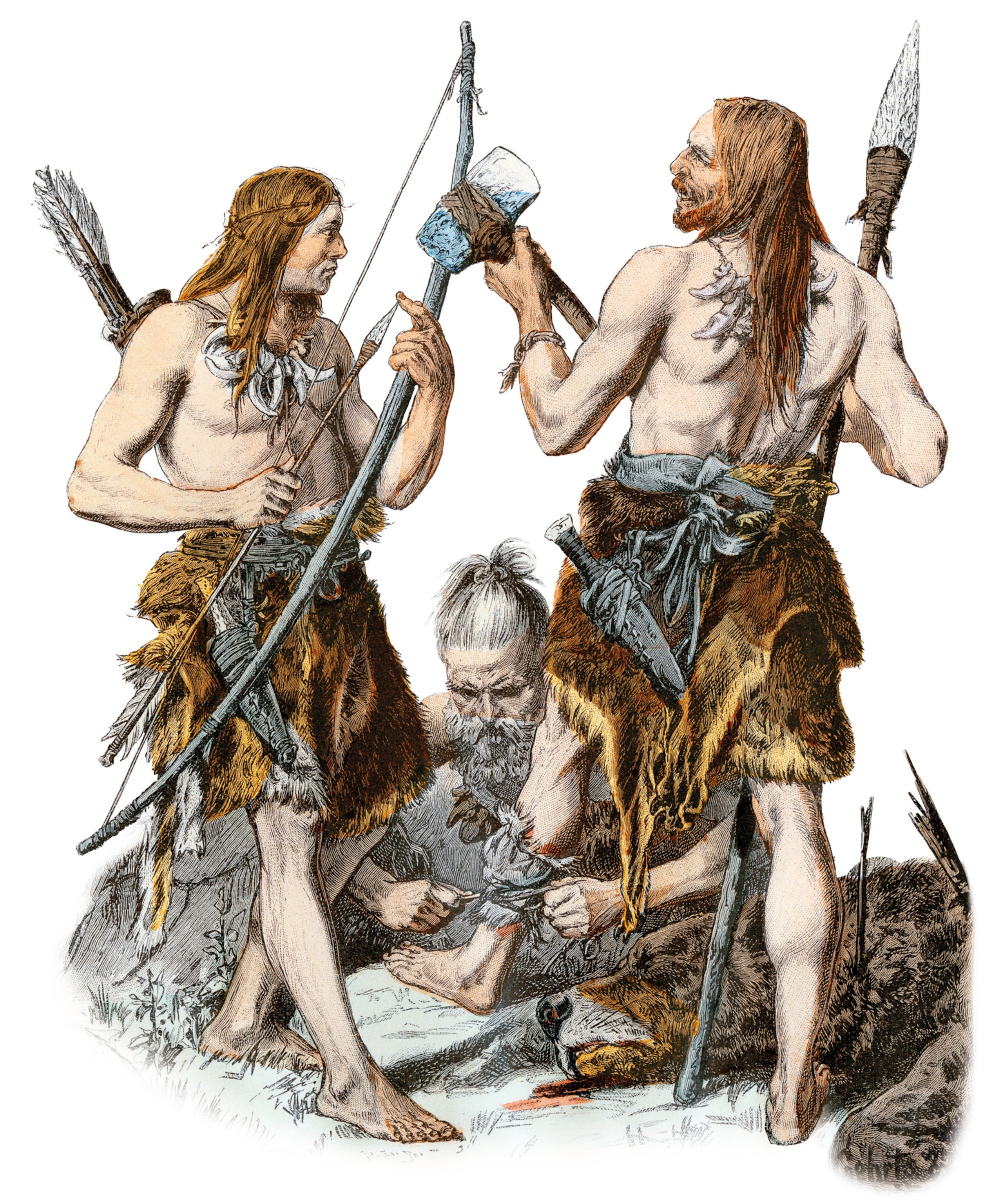 A 19th-century illustration depicting a group of European hunters from the Stone Age.