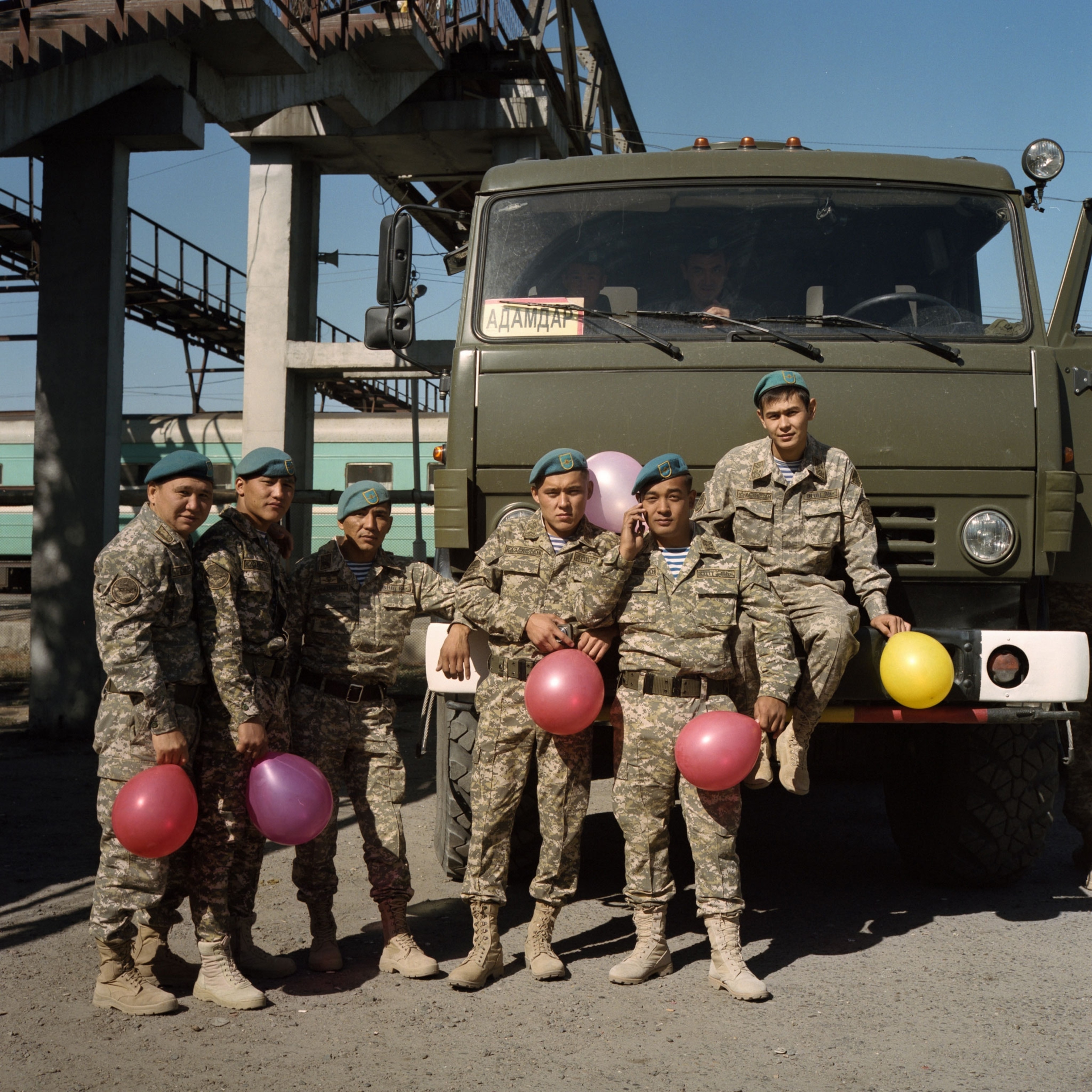 Kazakh soldiers in Ushtobe train station during a military parade