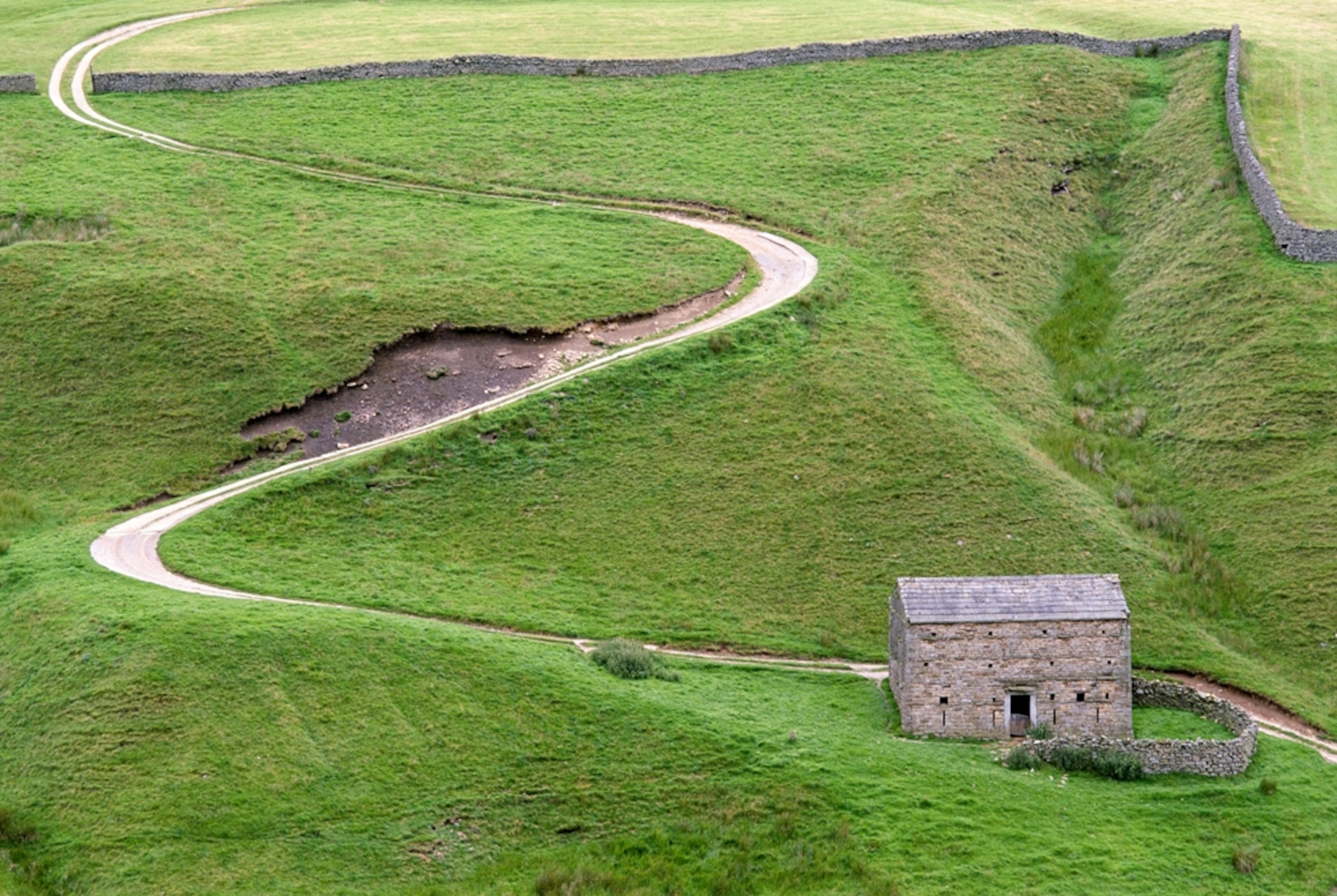 Winding road passing through green fields
