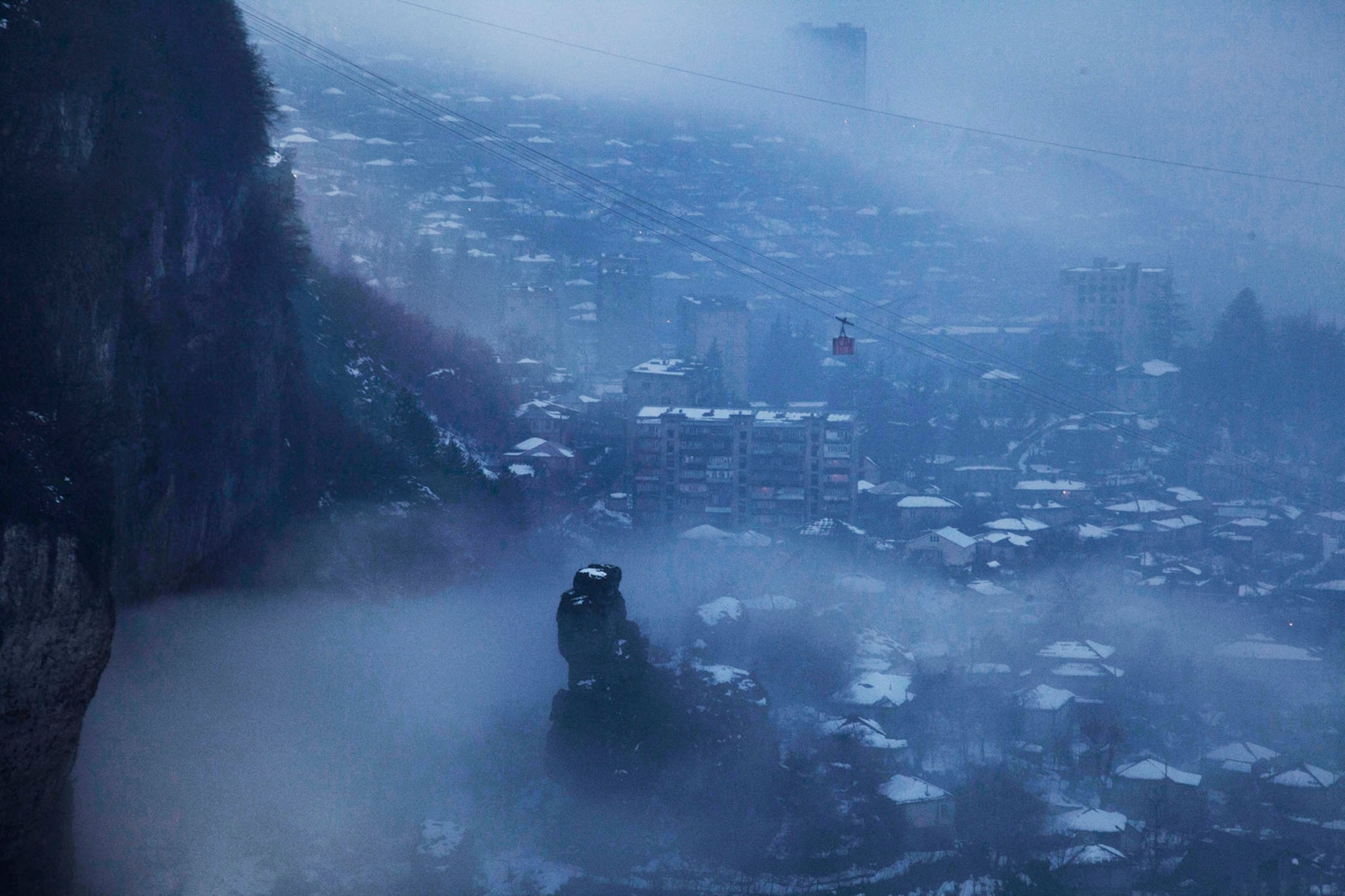 the mining city, Chiatura, covered in snow in Georgia