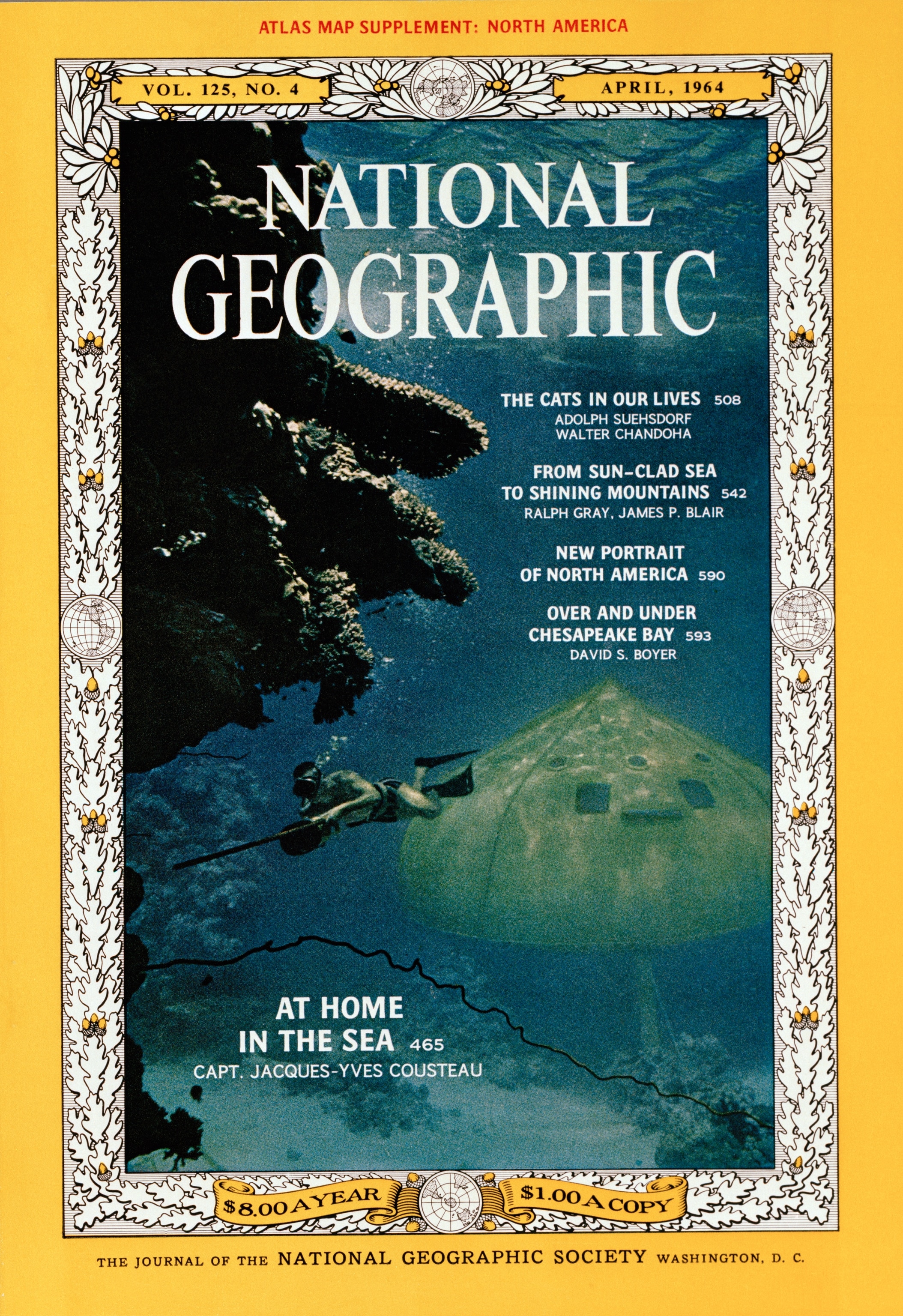 Armed with a shark billy, a cameraman skirts a coral ledge in Jacques-Yves Cousteau’s undersea village. For one month in 1963, five men lived in the complex 36 feet below the surface.