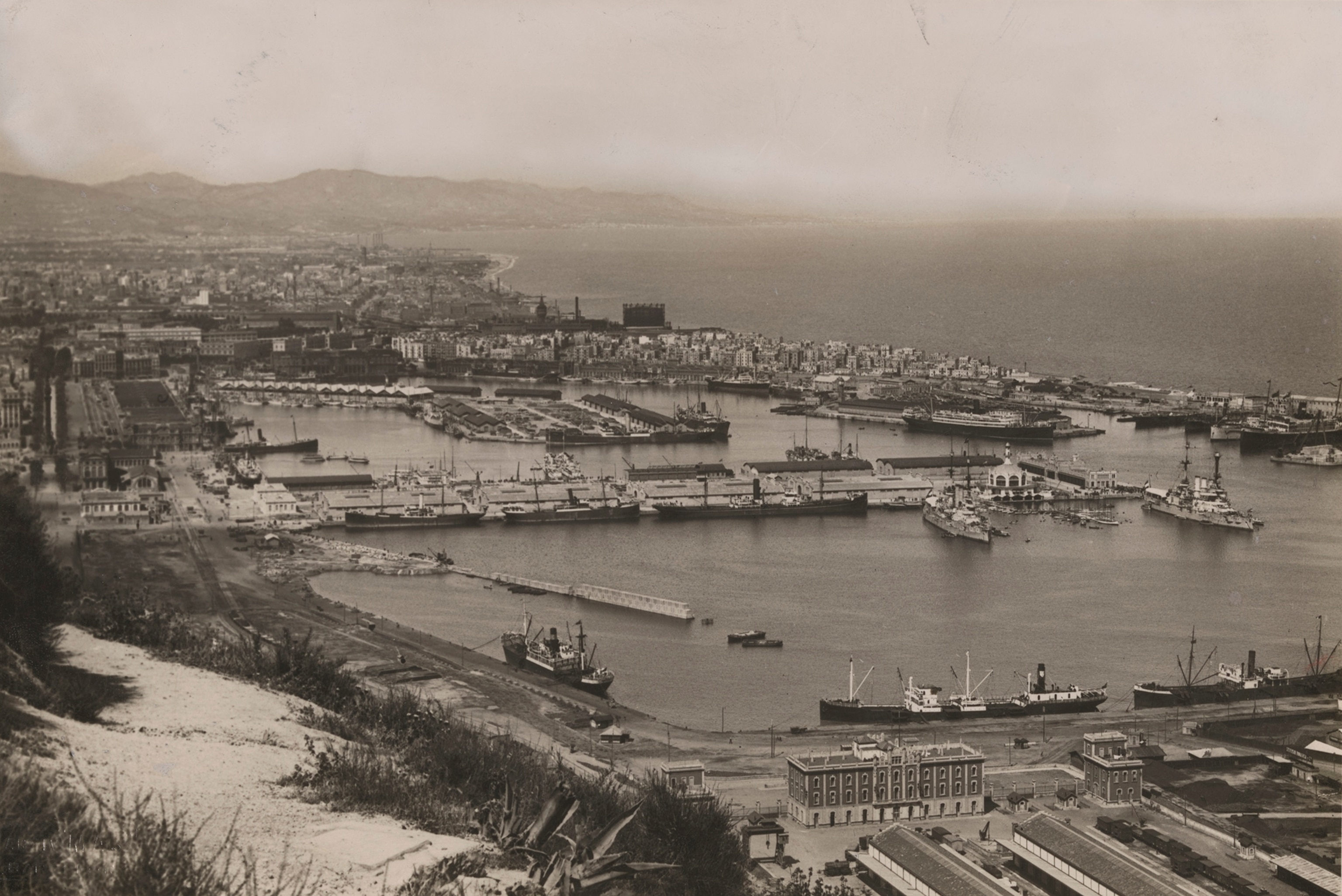 A partial view of the innermost harbor of Barcelona, looking up the Mediterranean coast toward France.