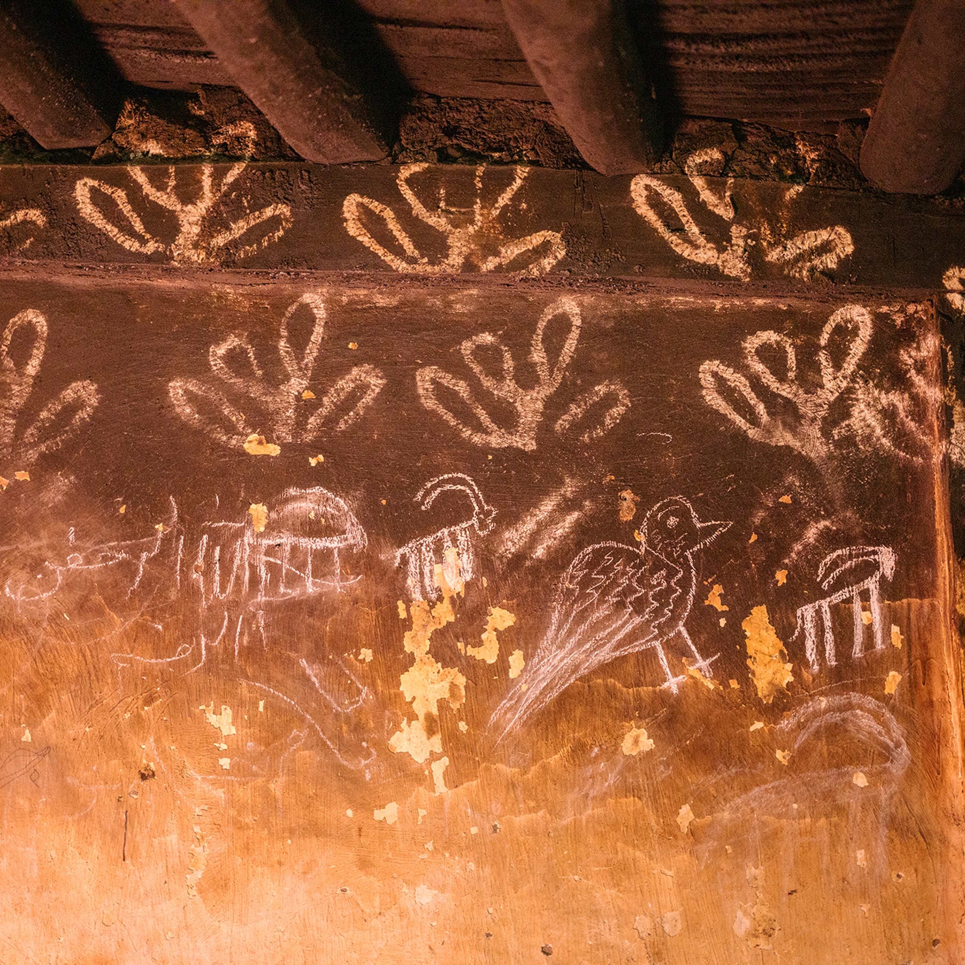 Drawings of a bird and various shapes on a brown wall.