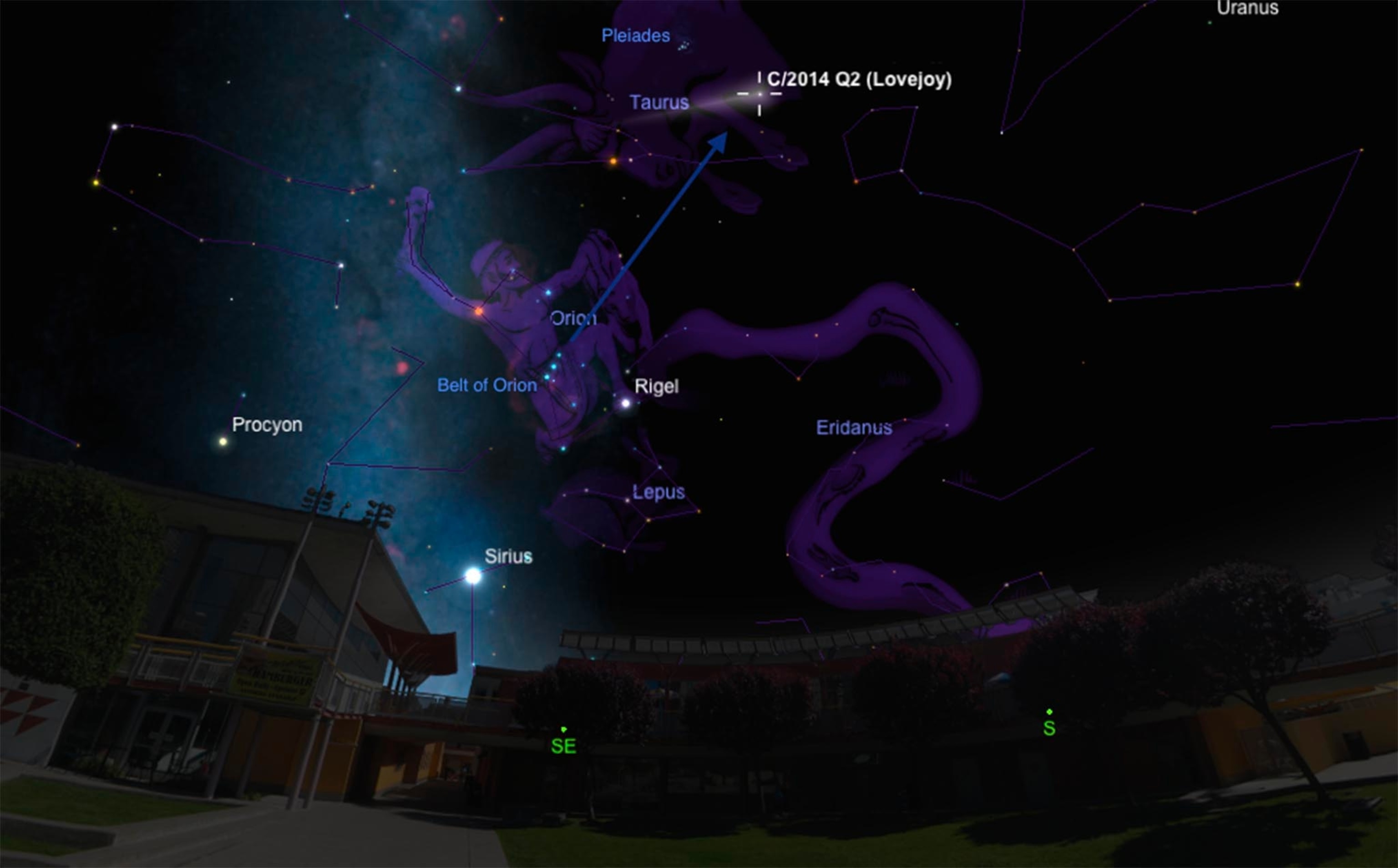 Comet Lovejoy showed a circular green-hued coma around its small, icy nucleus, and a long bluish tail pointed away from the Sun