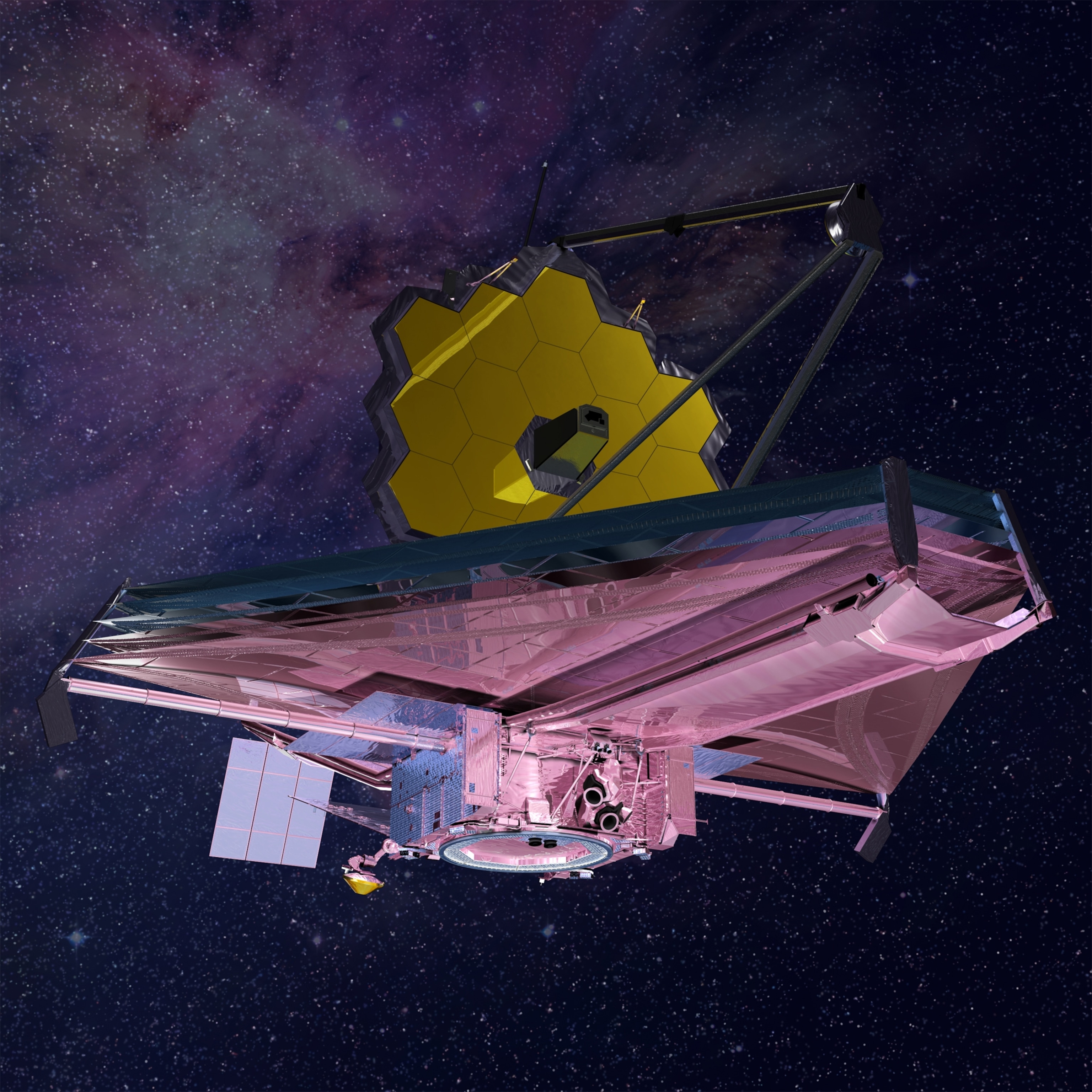 Illustration of a space telescope with a large, yellow hexagonal mirror against a starry, purple galaxy backdrop