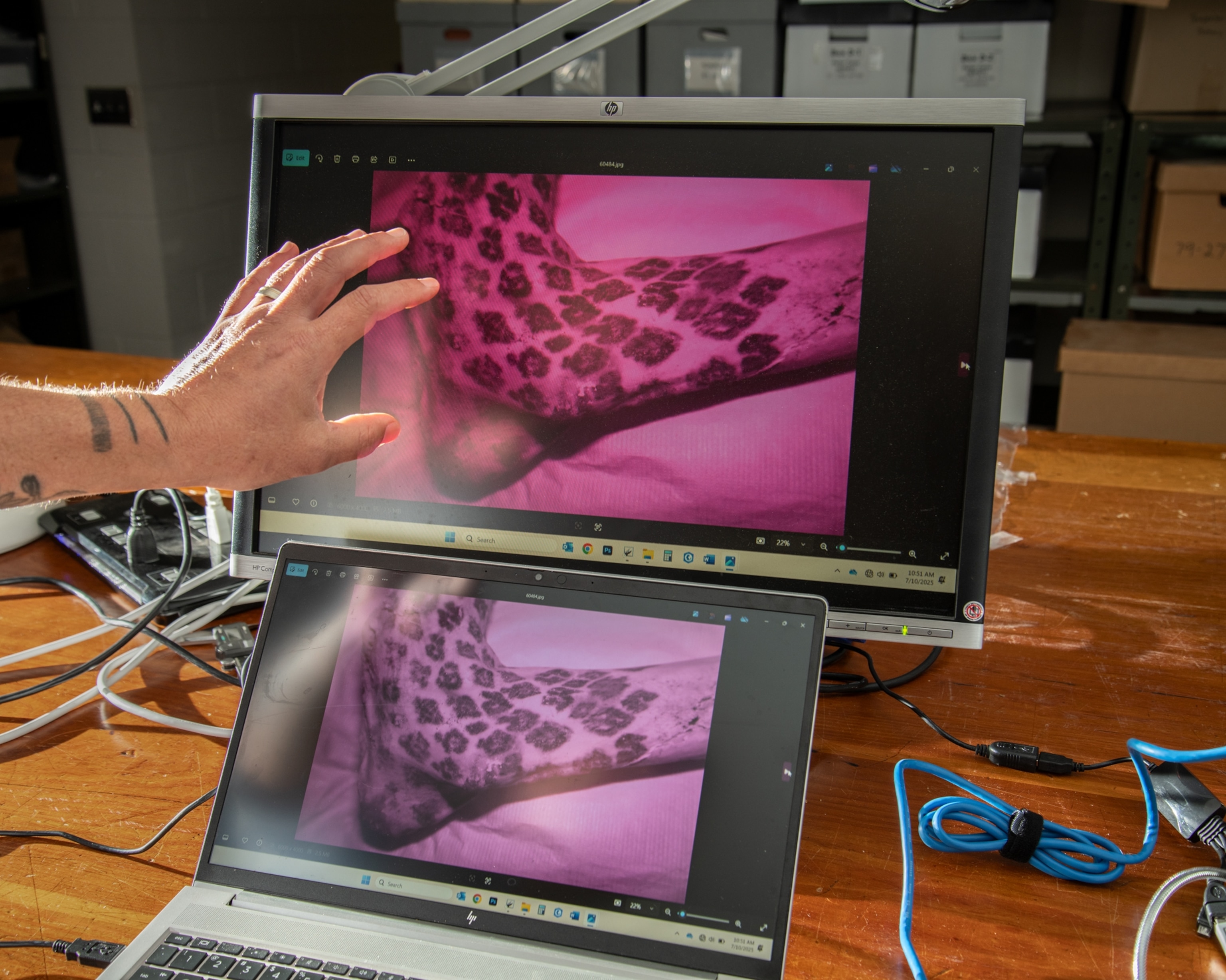Computer monitors with photograph of human arm with intricate tattoo in purple light.