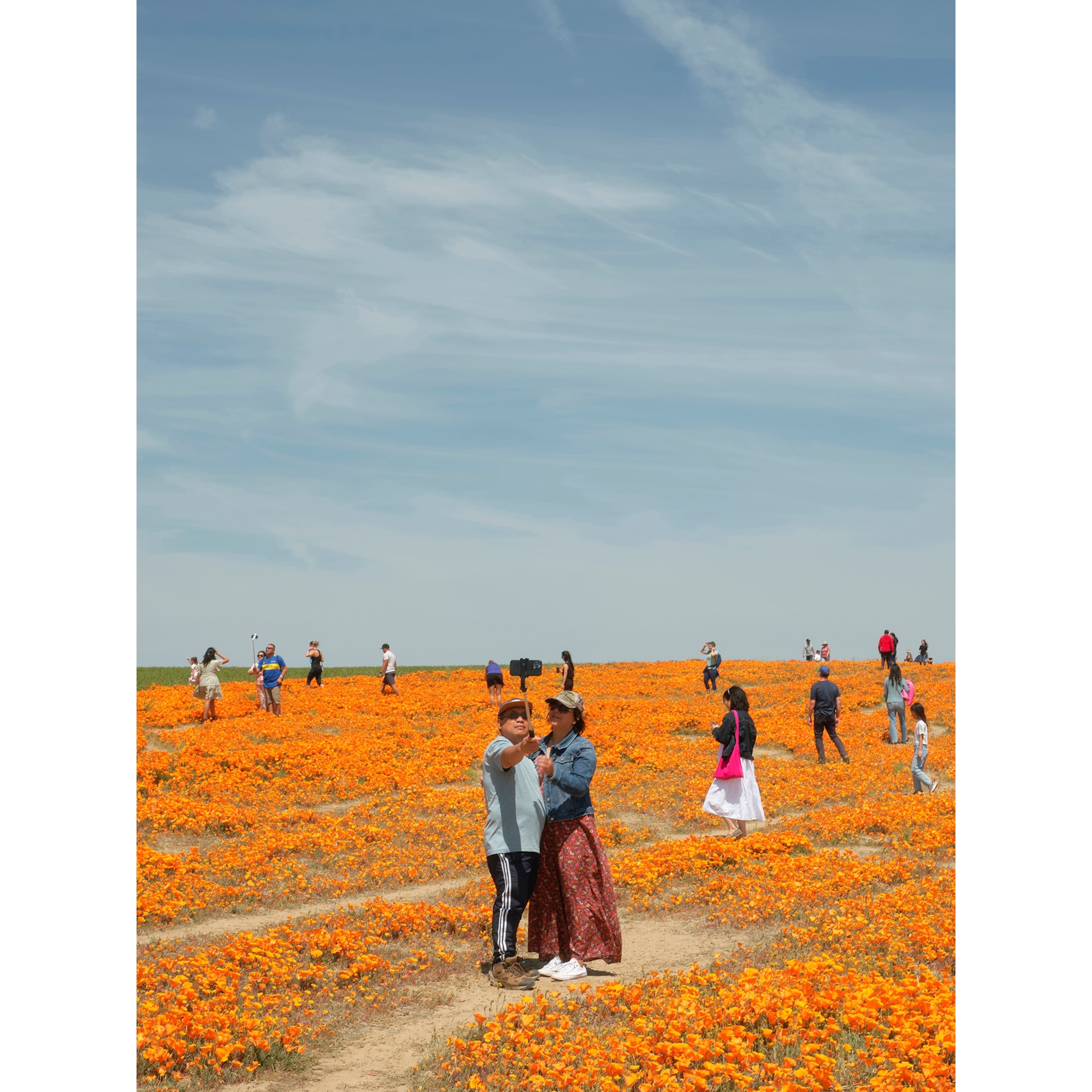 A couple takes a selfie in the Superbloom flowers with a large crowd behind them. Photographed at Antelope Valley Poppy Reserve in California.