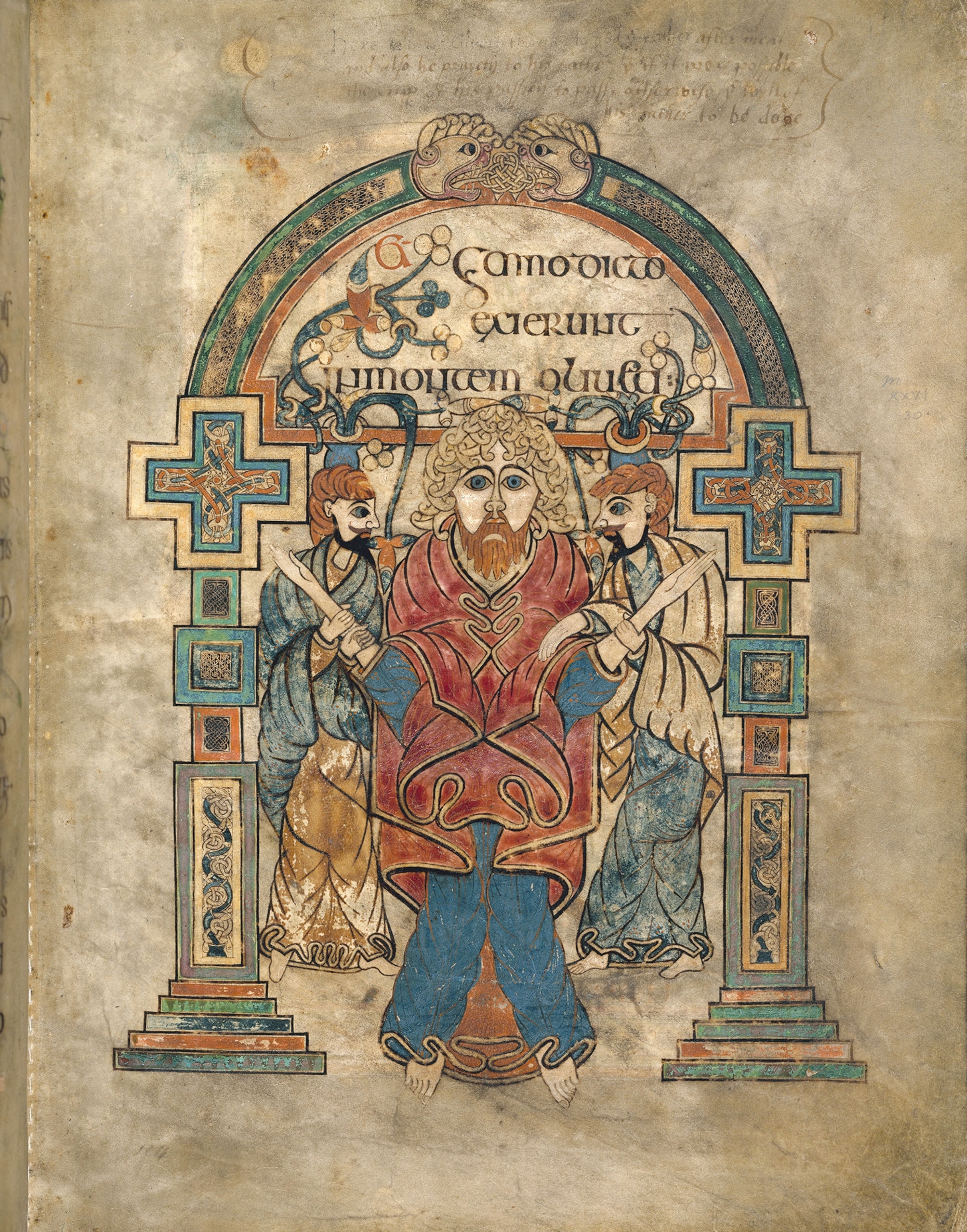 An illustration of a man with hands stretched out and to men on each side behind him.