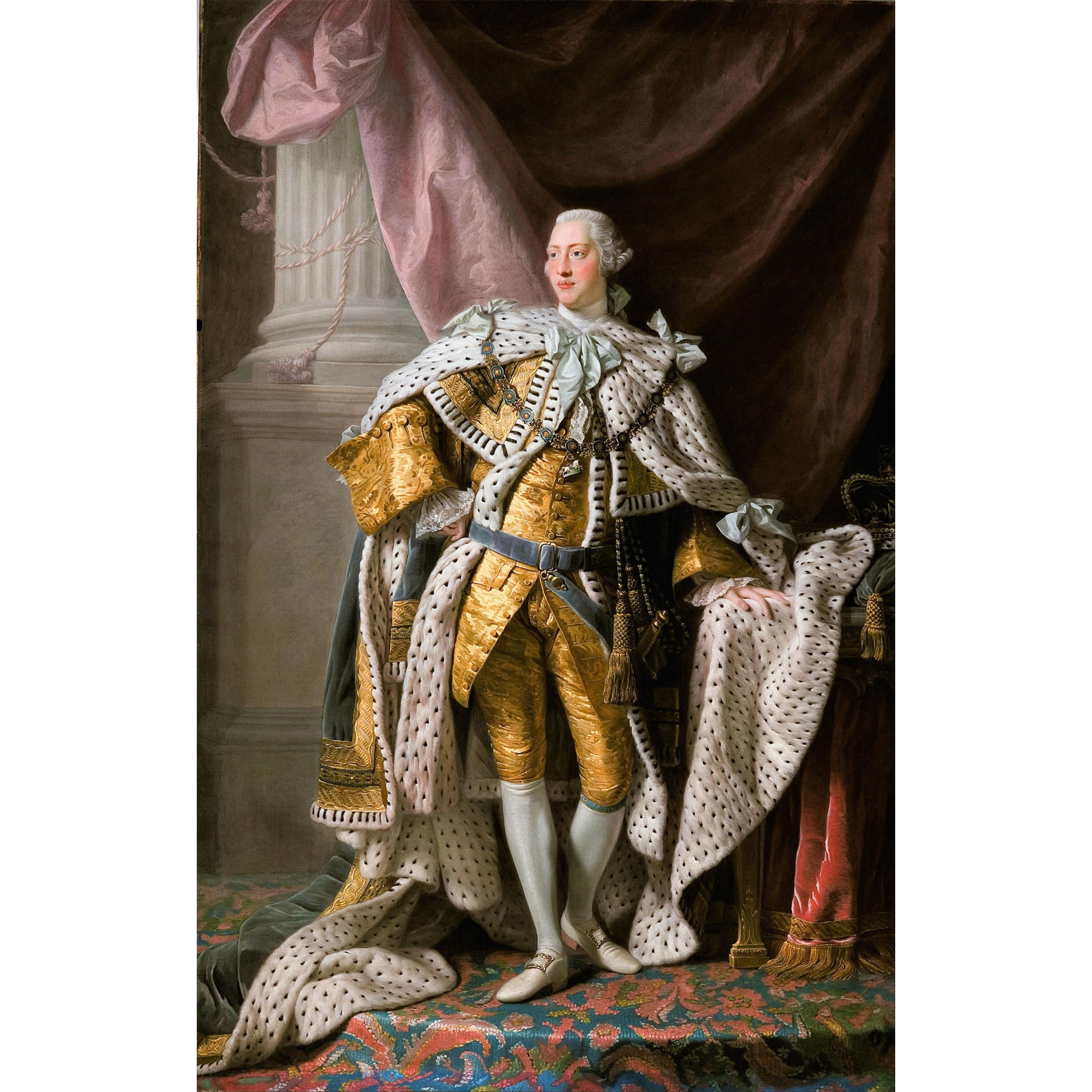 A man in an elegant yellow outfit and cloak stands for a painted portrait.