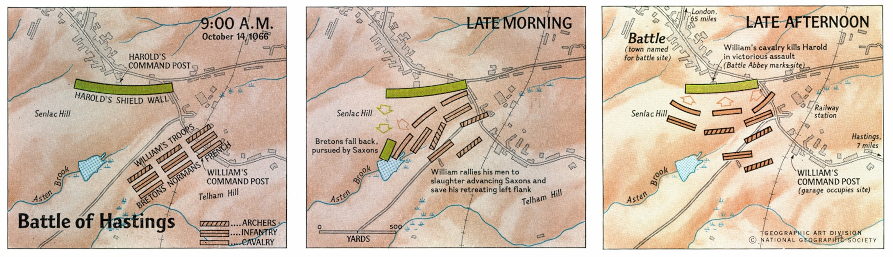 A map shows the progress of the battle of Hastings.