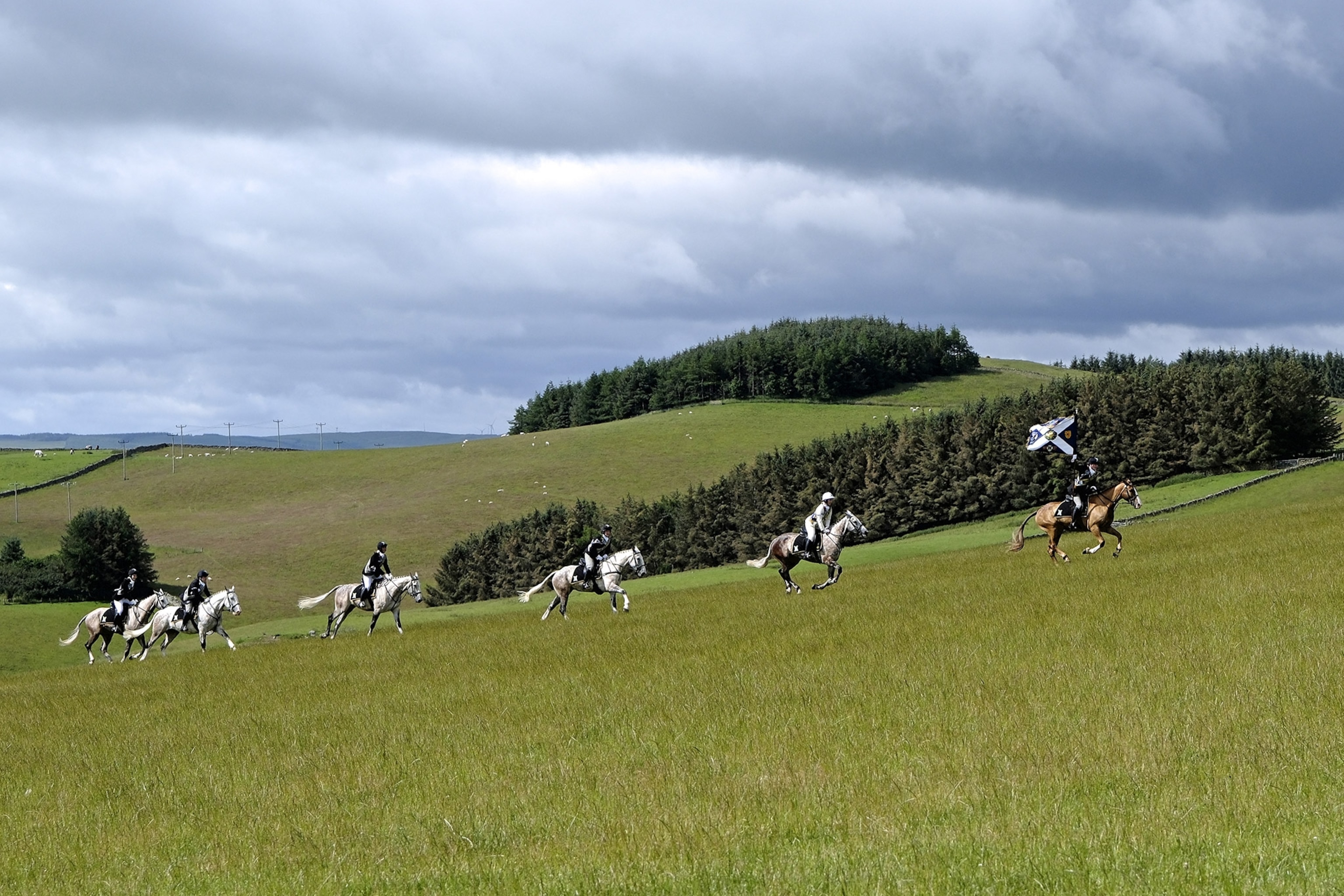 A line of riders on horses gallop across a grassy, hilly landscape, the leader bearing a standard overhead