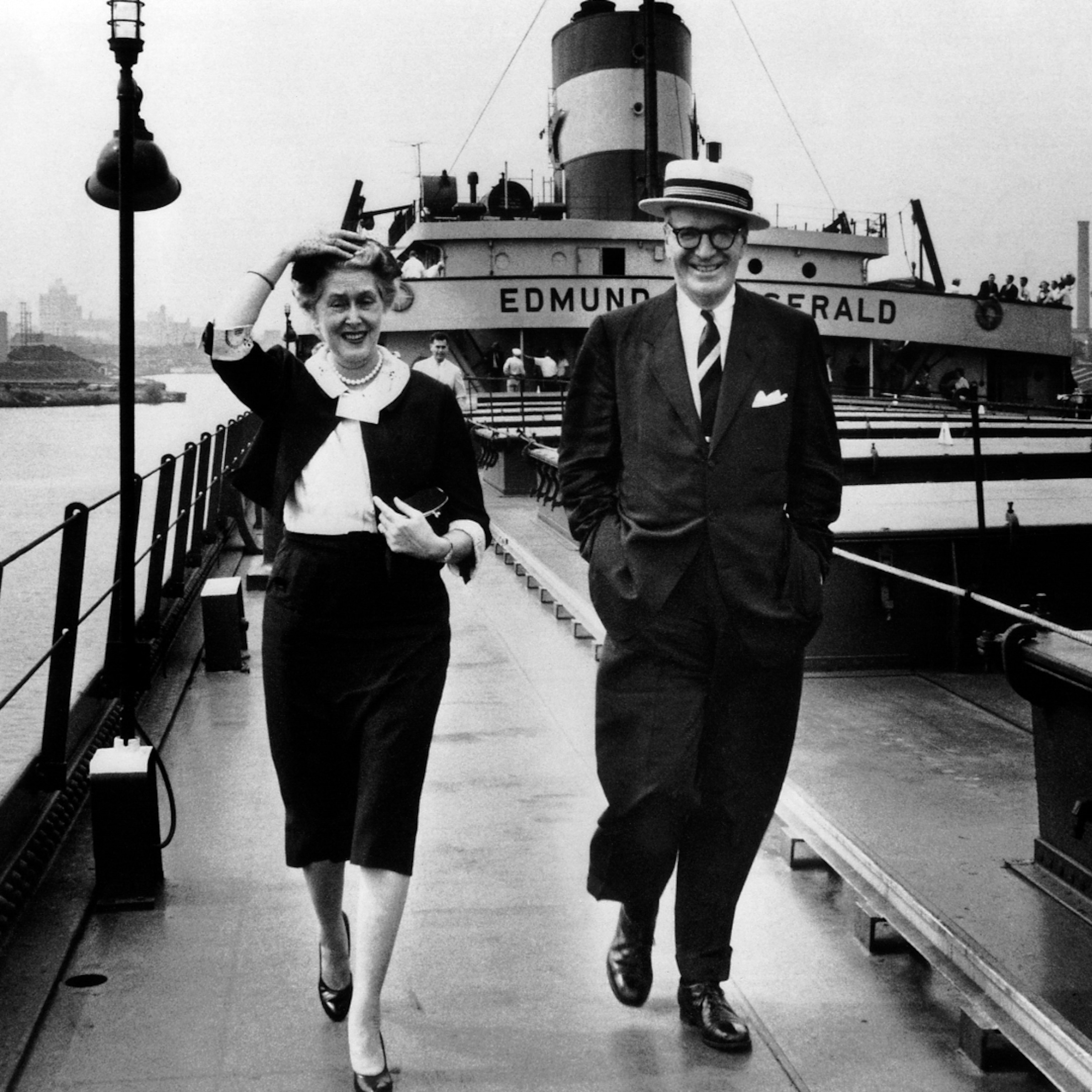Edmund Fitzgerald and his wife, Elizabeth, walk the deck of the SS Edmund Fitzgerald.