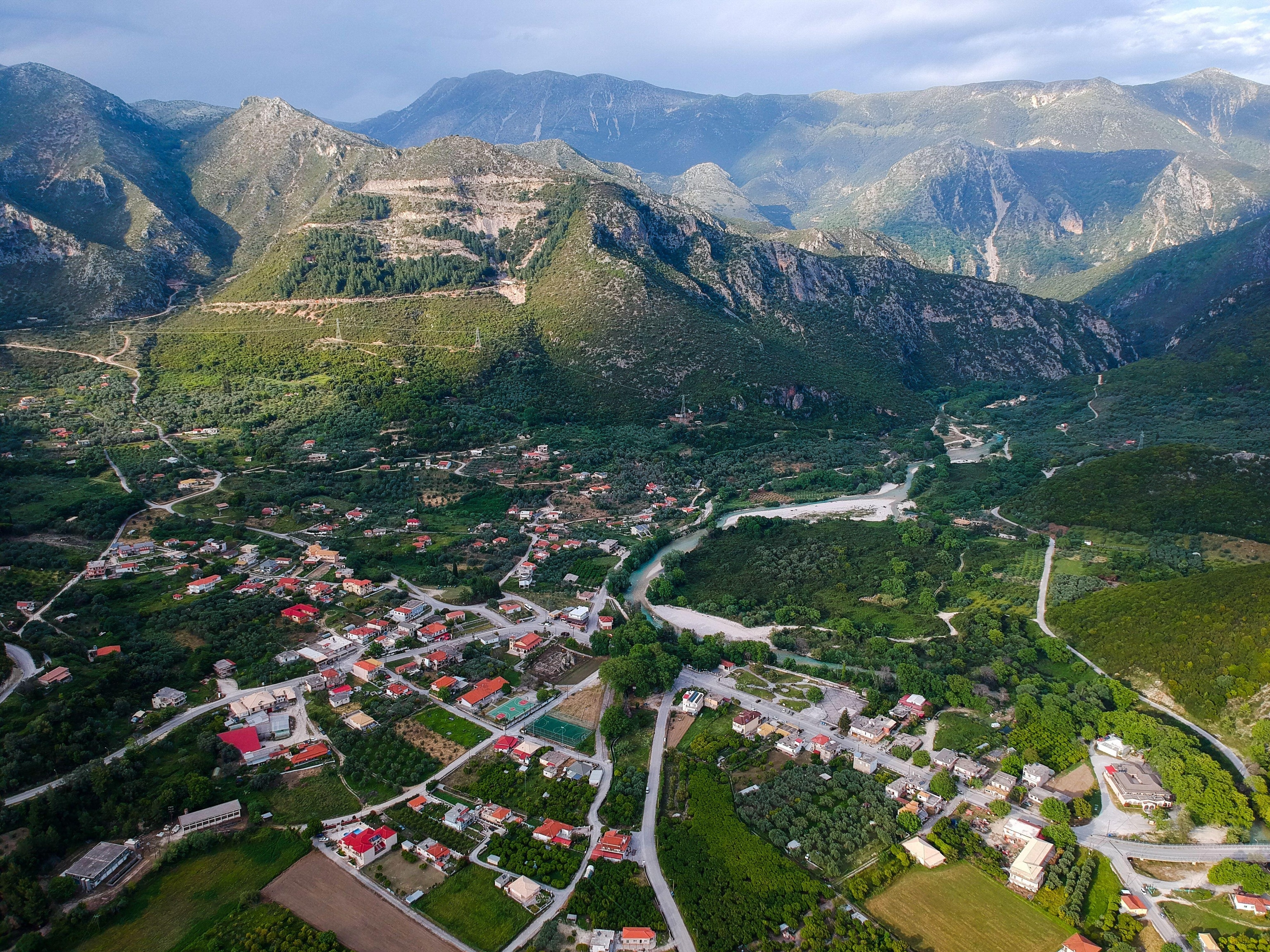 aerial landscape of gliki greek traditional village near historical souli and acheron river paramythia epirus thesprotia greece