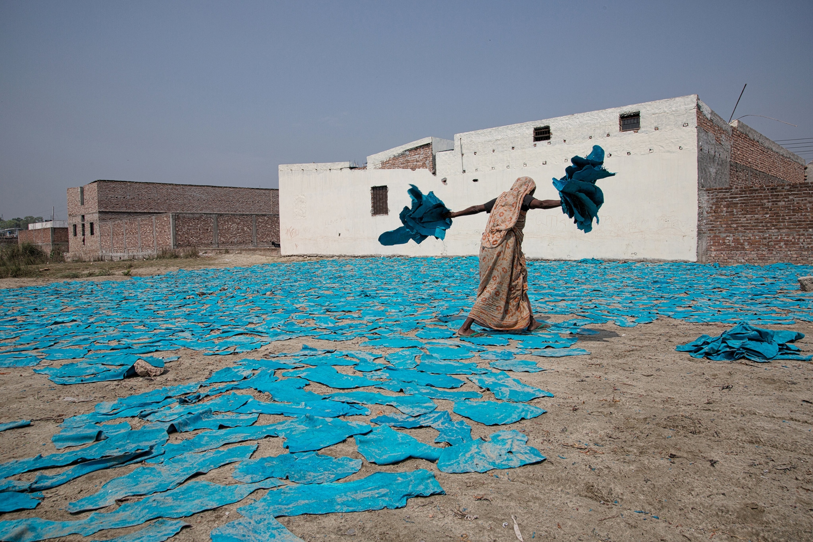 a woman drying blue leather in Bangladesh