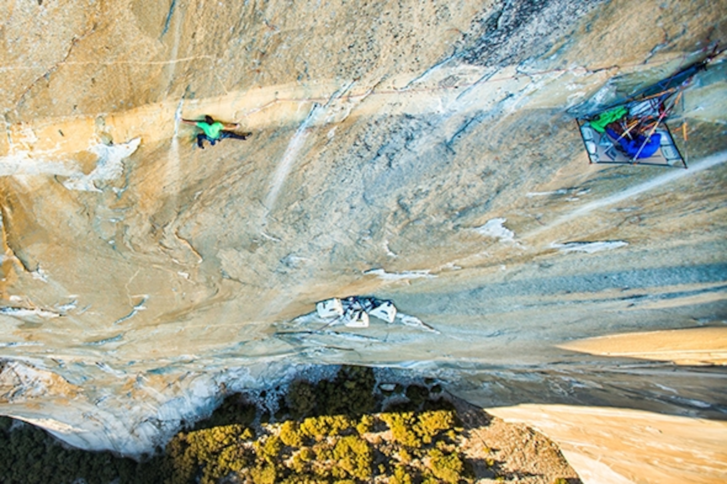 Kevin Jorgeson on the Dawn Wall, El Capitan, Yosemite National Park; Photograph by Brett Lowell