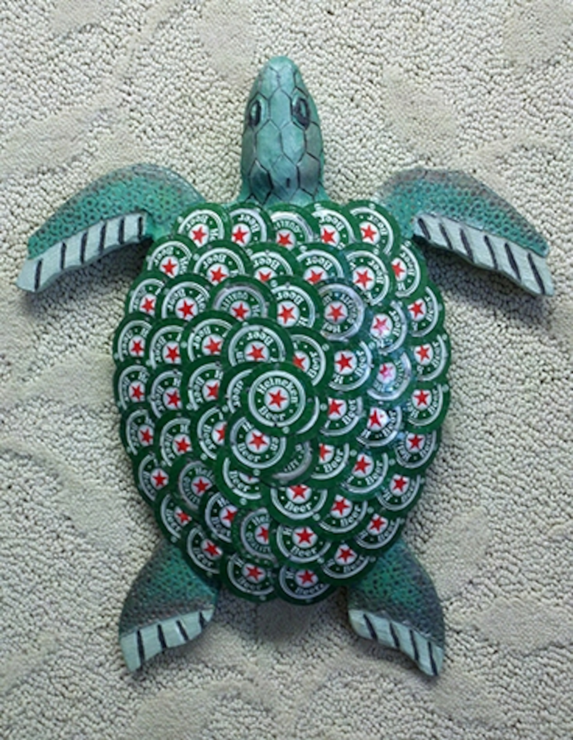 “Heinie” the turtle, one of Cochrane's creations (Photograph courtesy Beach House Bottlecap Art)