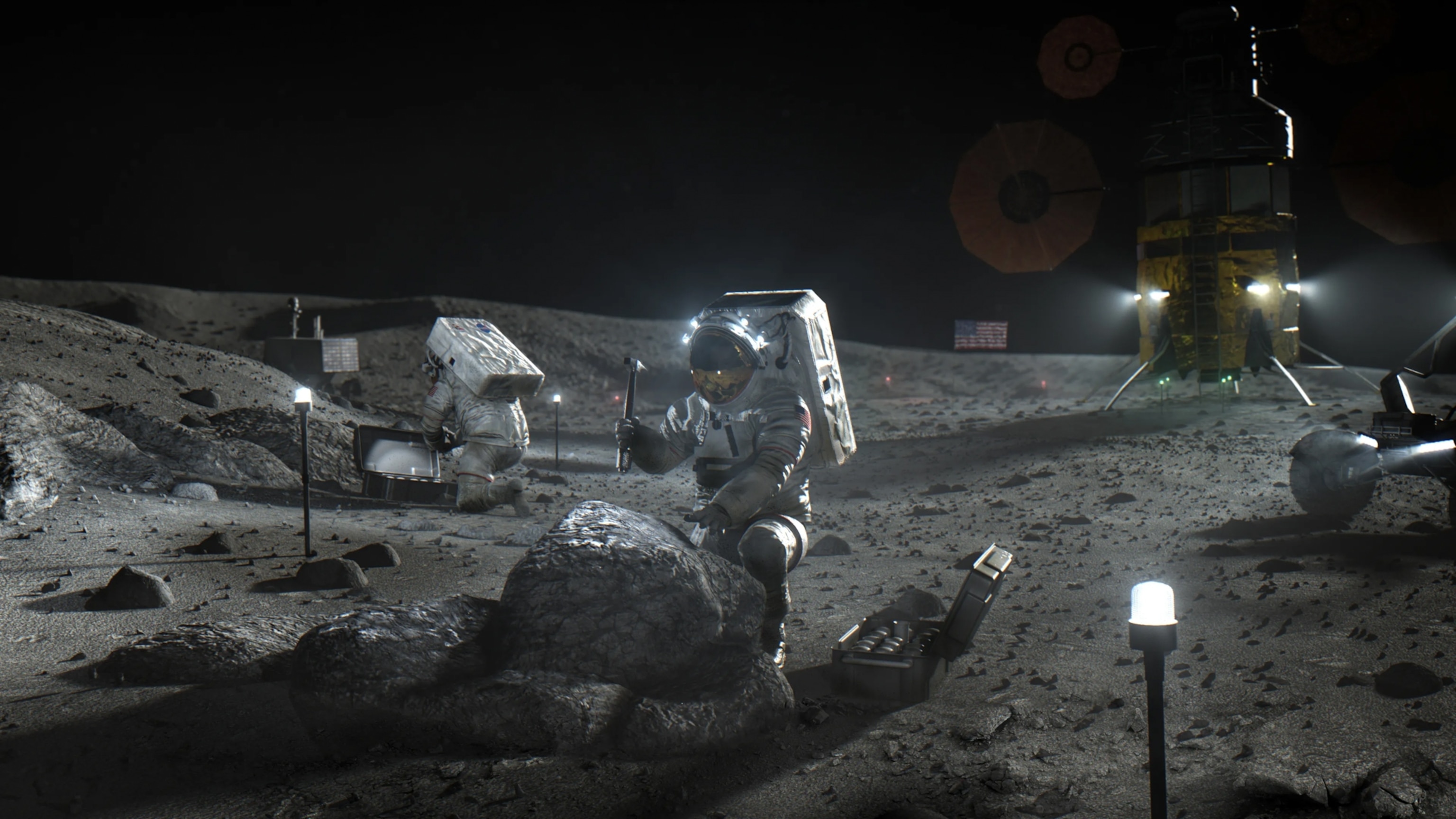 Astronaut examines a rock on a moonlit lunar surface, surrounded by scientific equipment.