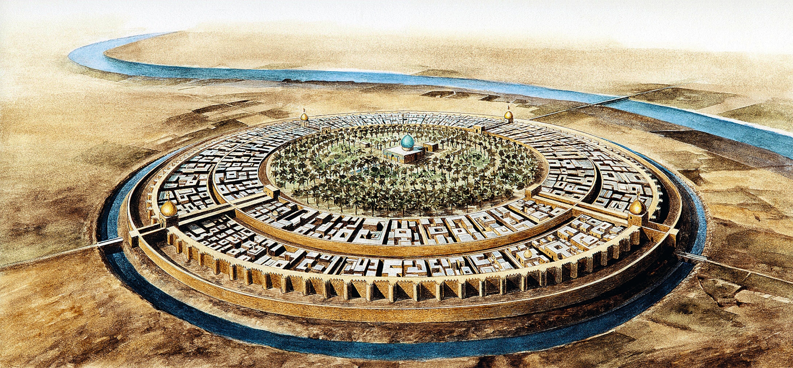 The original site of Baghdad featuring a circular layout about two miles in diameter.