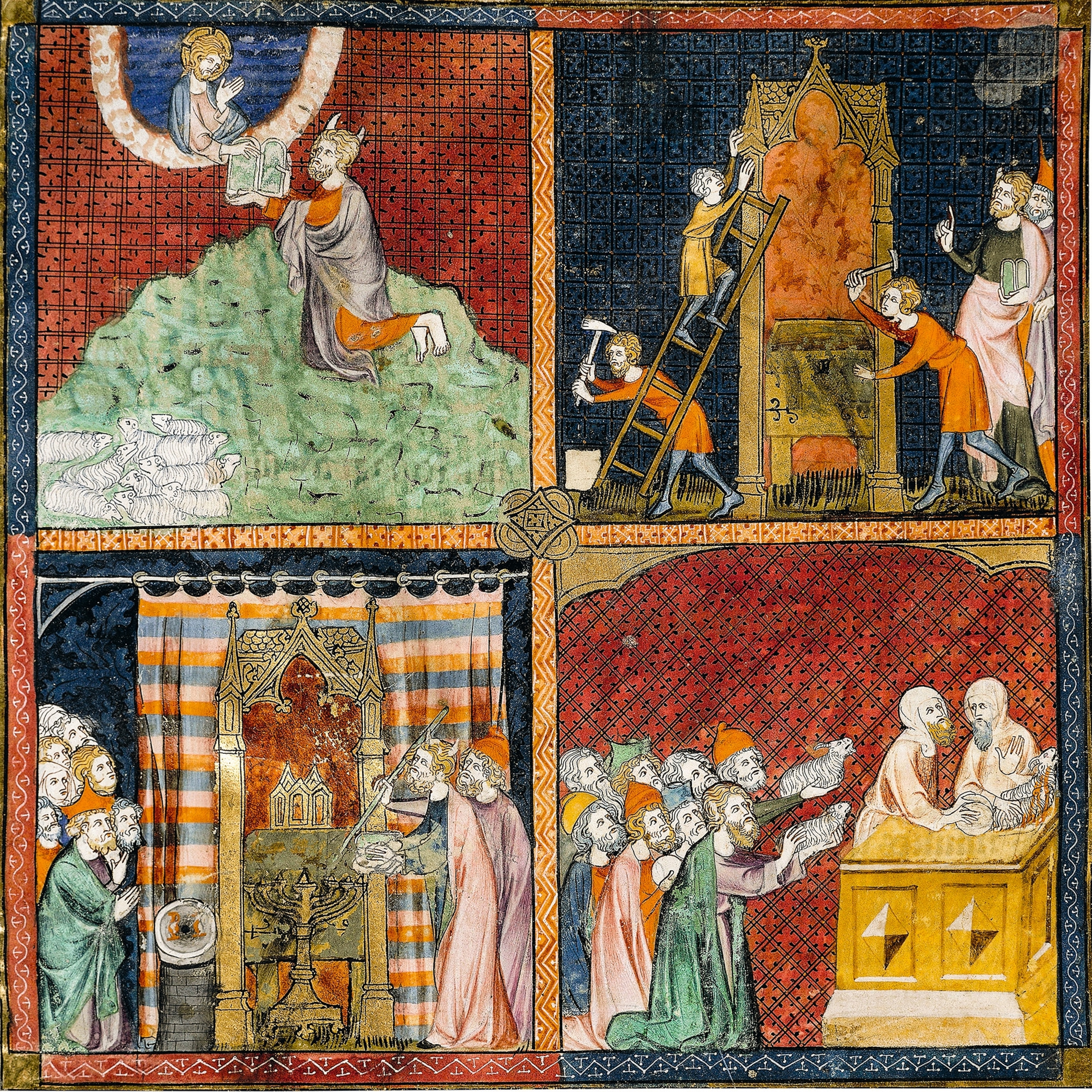 Four miniatures illuminate a manuscript combining a French translation of the Bible with a biblical commentary.