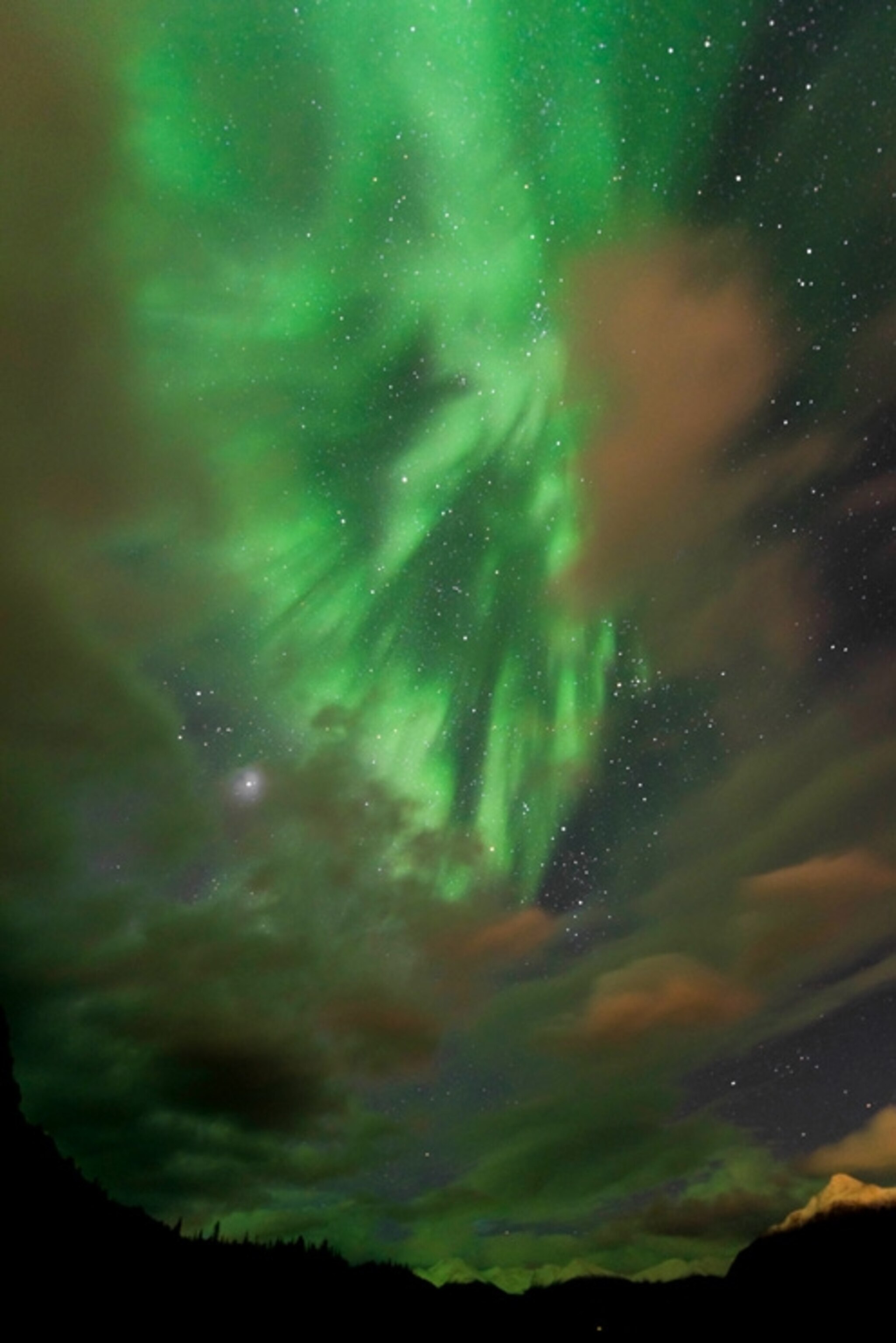 all-sky green auroras above mountains