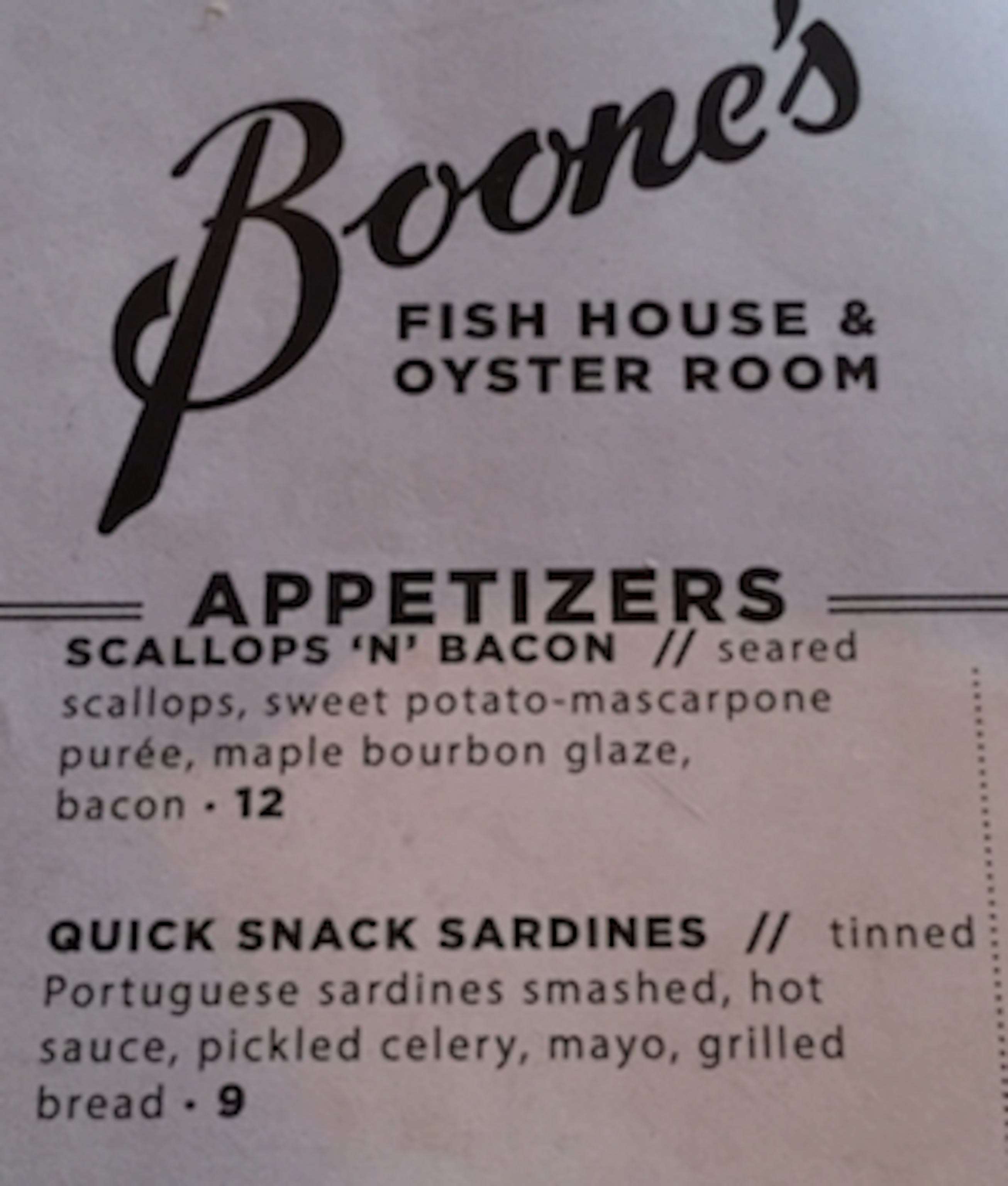 Boone's menu