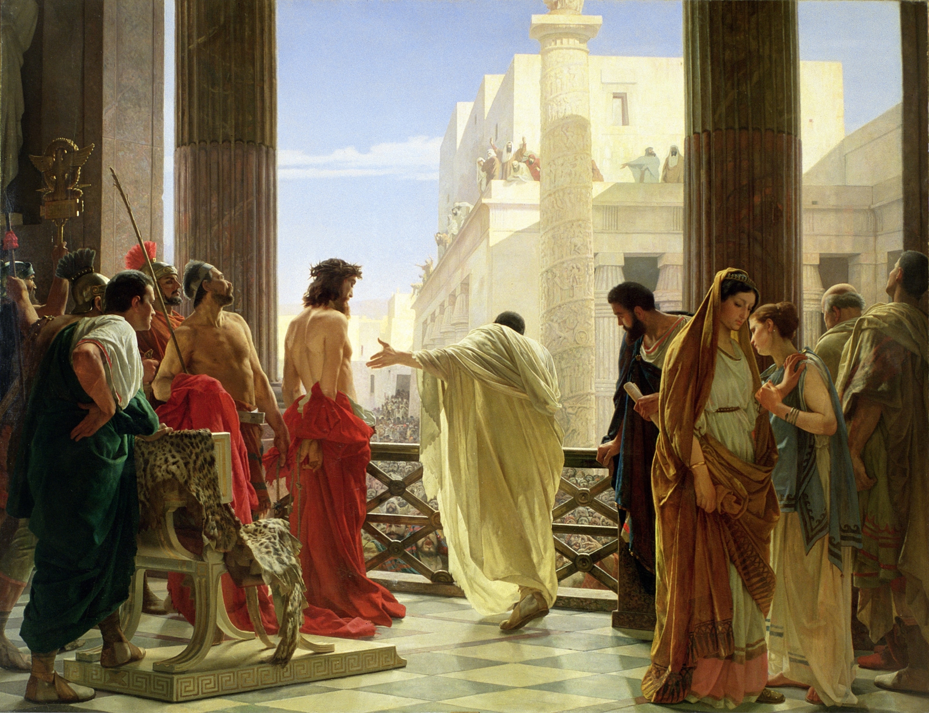 Pilate petitioning the crowd to determine the fate of Jesus