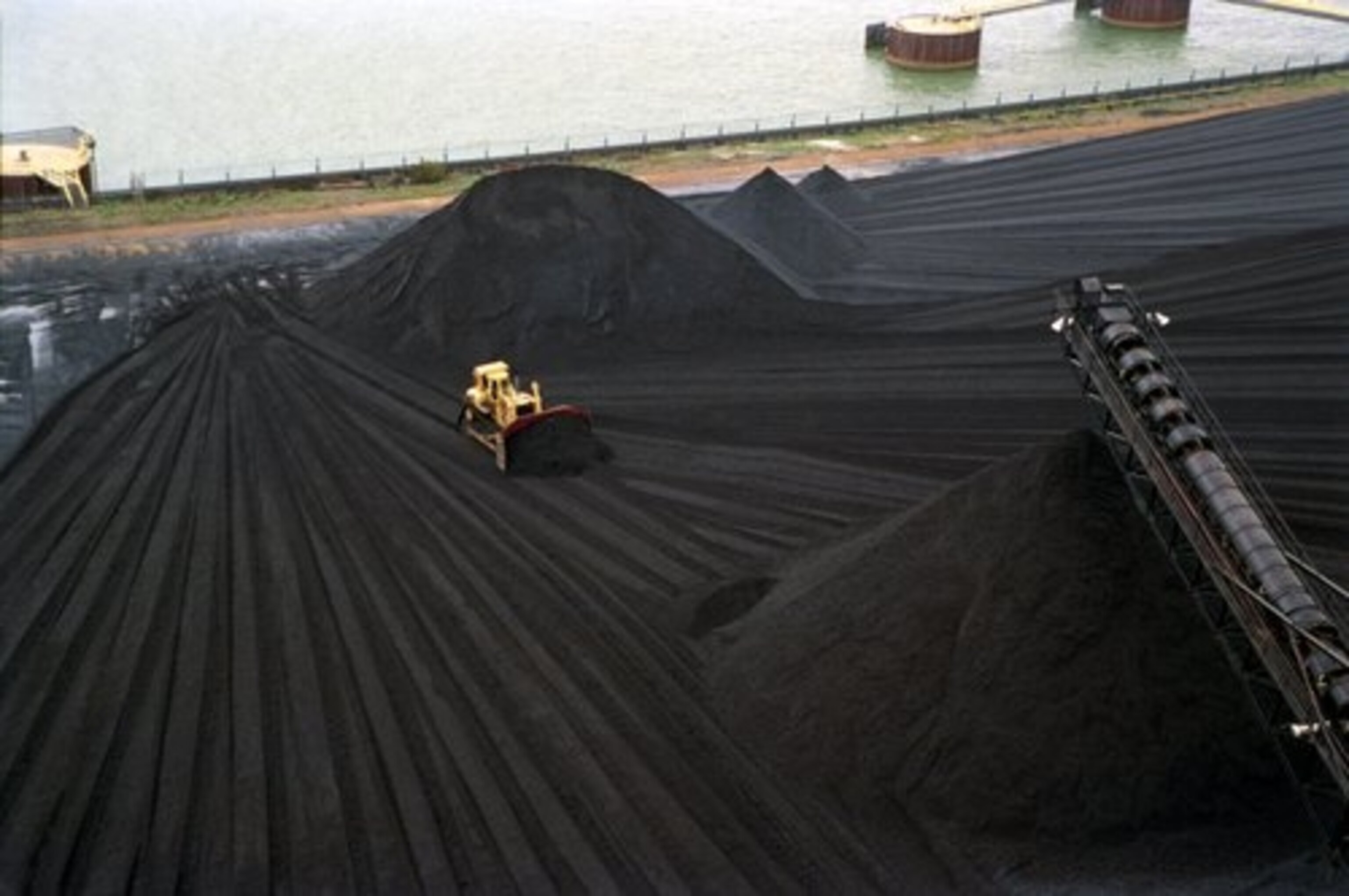 Coal being piled up by front loader.