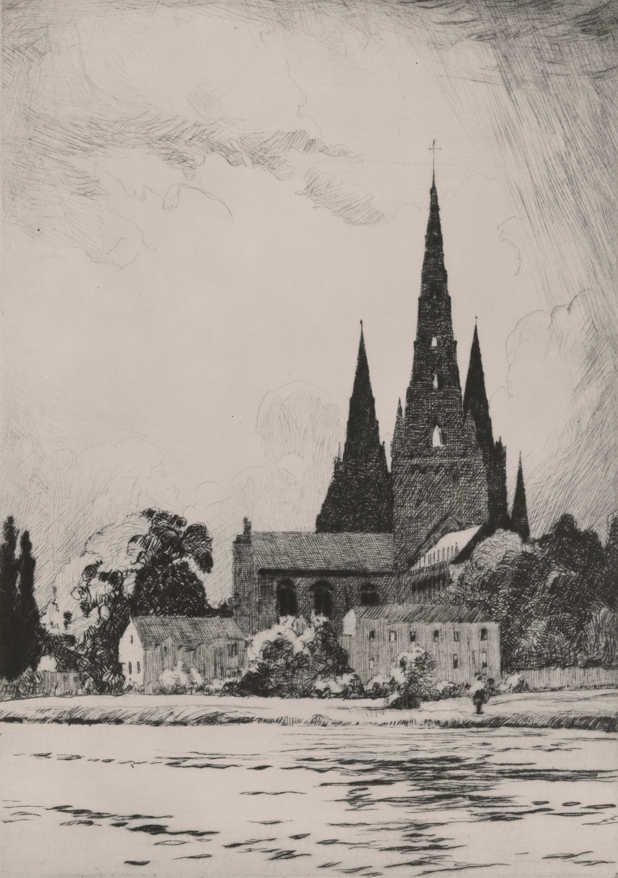 This drawing by Norman Wilkinson depicts the Lichfield Cathedral.