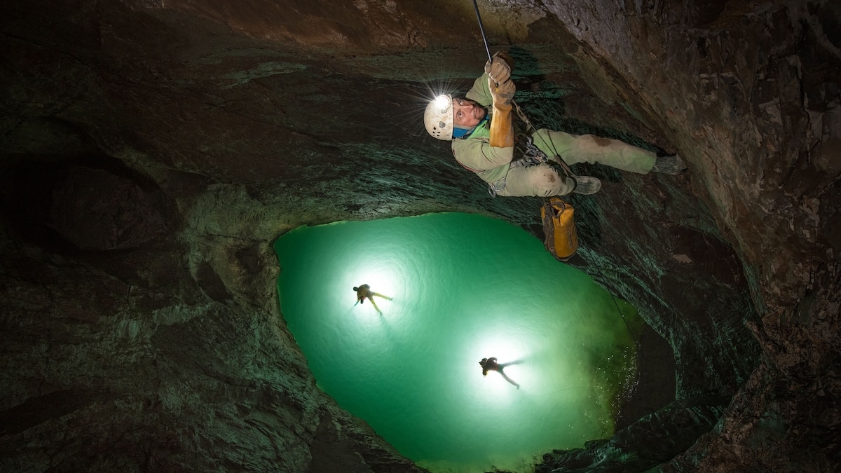 Photographer Robbie Shone climbs for his life out of Veryovkina cave