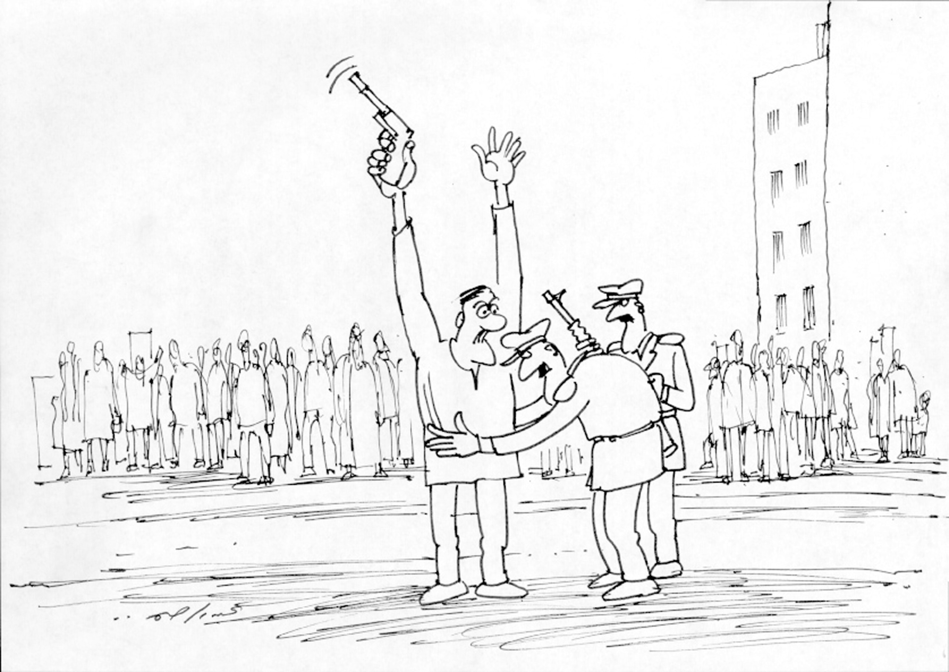 Art in Iraq - Cartoon of police frisking a man.